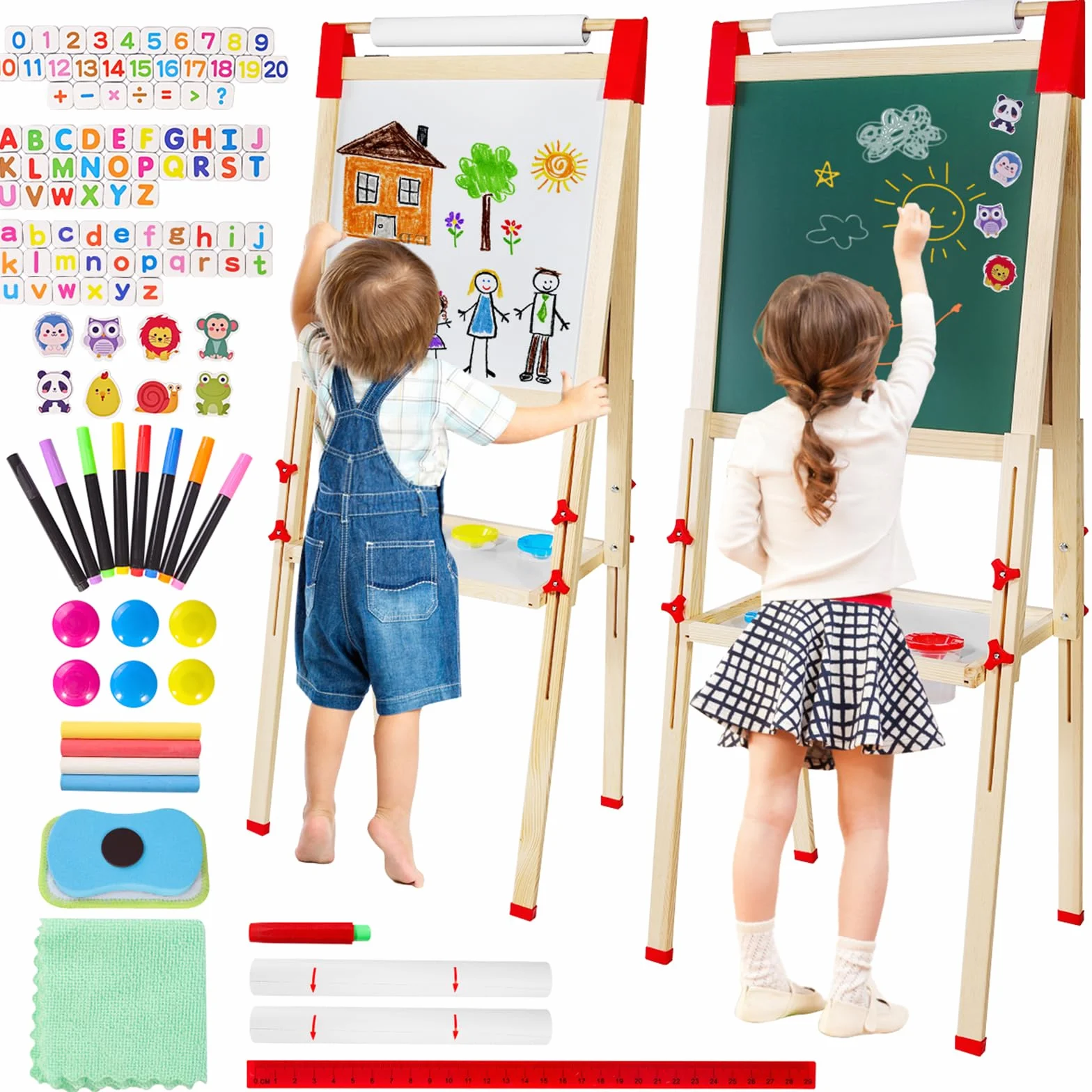 Cavalletto per Bambini in Legno Lavagna Doppia Faccia con Supporto per Rotoli