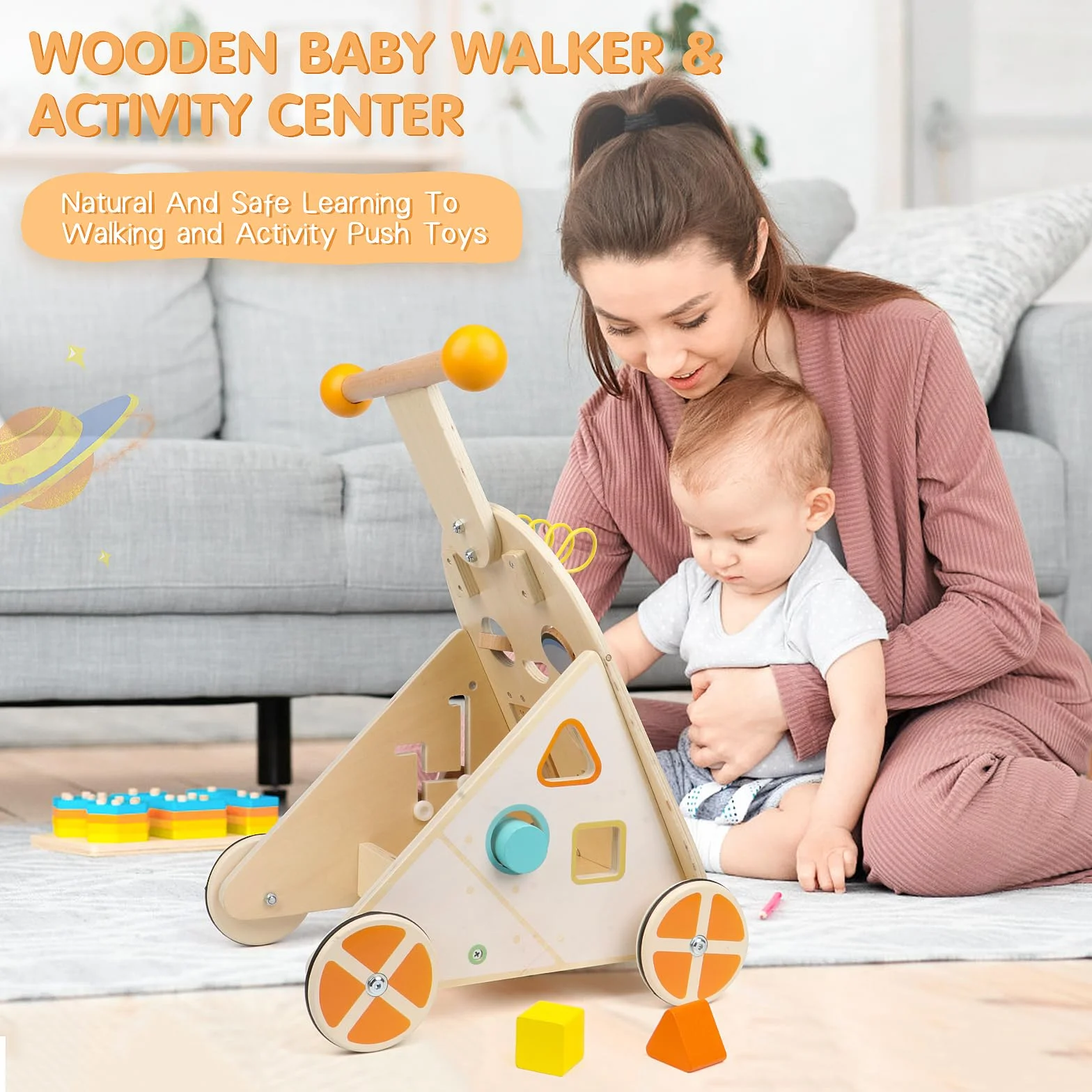 Jacootoys Passeggino di legno per attività, giocattolo per bambini a spinta a velocità regolabile, passeggino di legno da spingere e tirare per bambini, bambine e ragazze di 1, 2 e 3 anni.