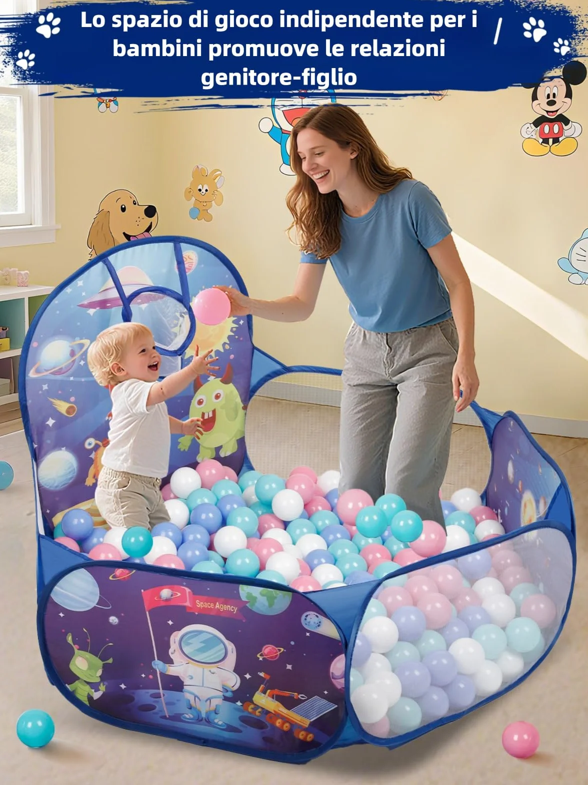 ZimiTeda Vasca Palline per Bambini con Gattini e Cagnolini - con Canestro da Basket, Pieghevole, per Interni/Esterni - 120 cm (Palline Non Incluse) (Space Rocket)