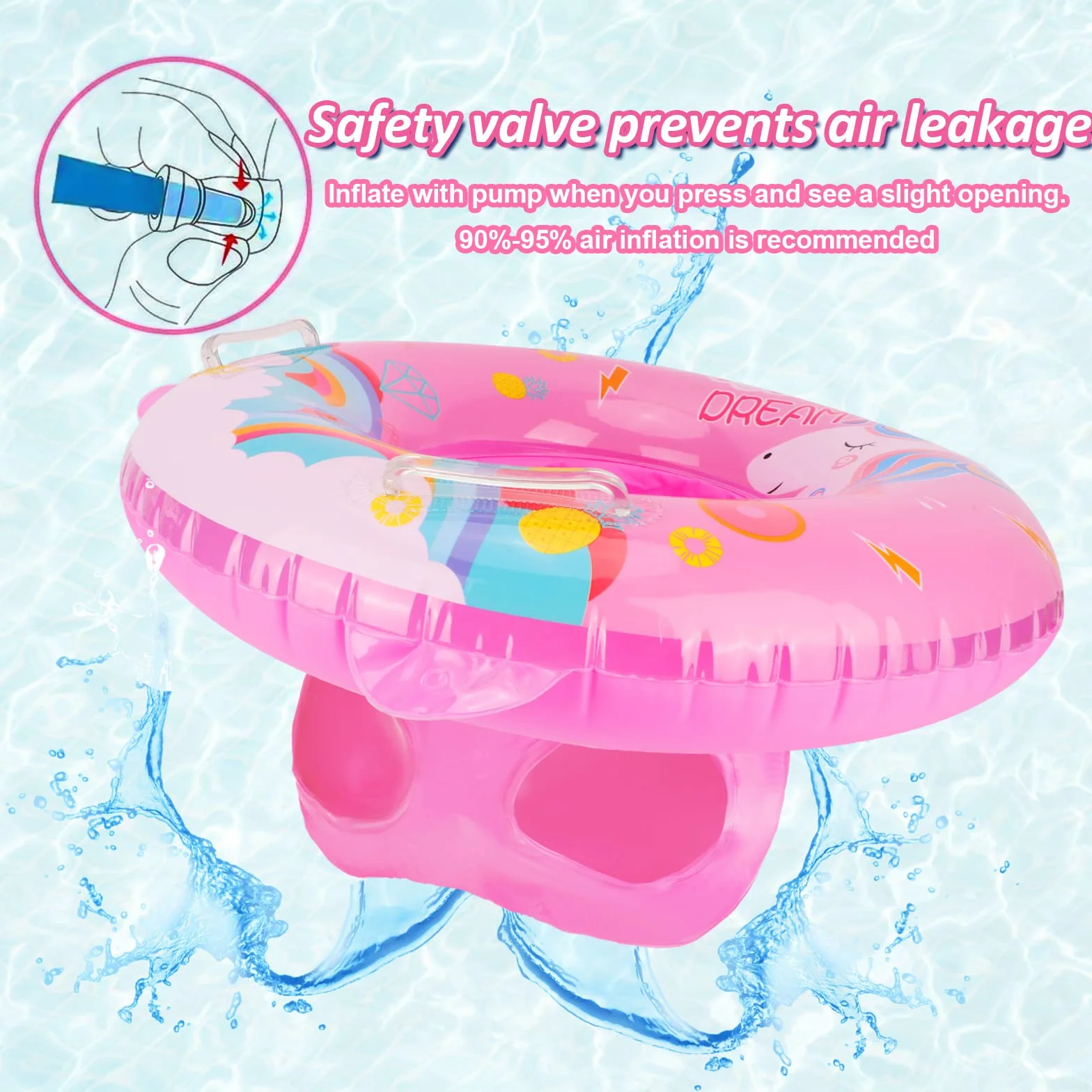 Anello di Nuoto del Fumetto,Unicorno Salvagente Neonato Galleggiante Gonfiabile del Bambino Dell'anello di Nuoto del Baby Float Salvagente con Seggiolino and Gonfiatore Bambini Piscina Giocattolo,Rosa