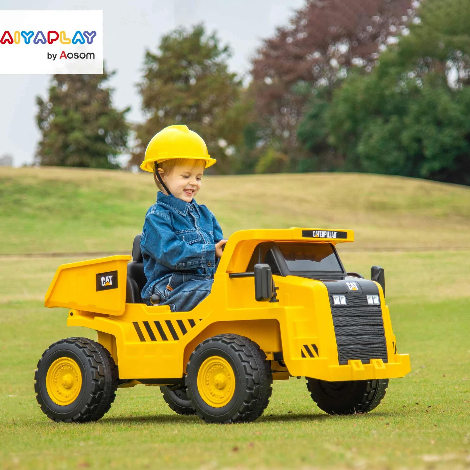 AIYAPLAY 12V Camion Giocattolo Licenza Caterpillar con Musica Giallo | Macchina Elettrica per Bambini, Telecomando, Fari, Secchio e Pala, Escavatore in PP e Metallo