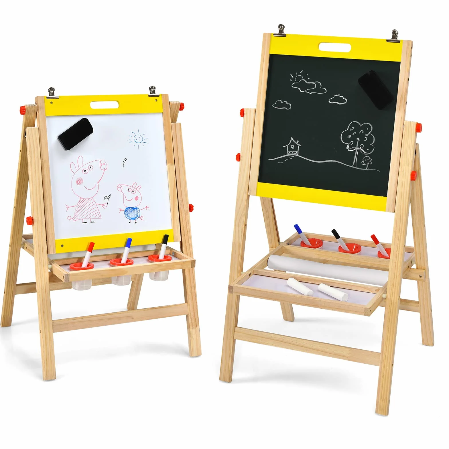COSTWAY 3 in 1 Lavagna Magnetica per Bambini, Cavalletto da Pittura Pieghevole con Accessori, Altezza Regolabile e Bifacciale, con Vassoio, 50,5x53,5x79-104cm (Giallo)