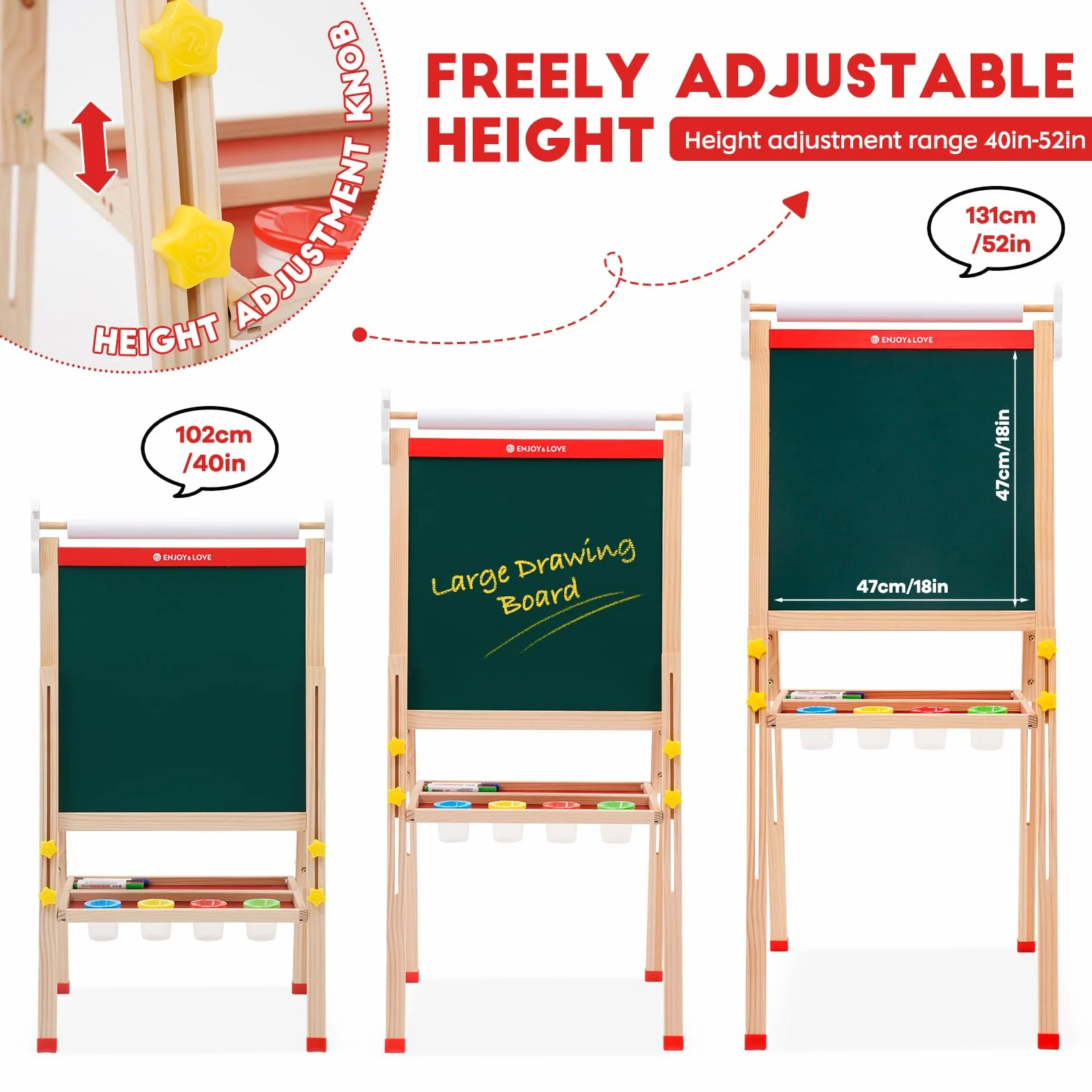 Cavalletto in Legno 2 in 1 per Bambini Lavagna Pieghevole Regolabile Altezza con Carta in Rotolo Colorabile 3-12 Anni