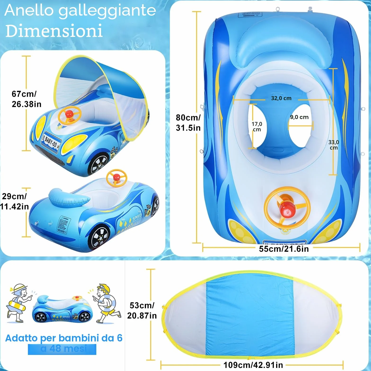 Salvagente Neonato Forma a forma di auto Tetto parasole Protegge dai raggi del sole Sedile sicuro e comodo Tromba giocattolo Regali d'acqua estivi Piscina Bambino 6-36 mesi