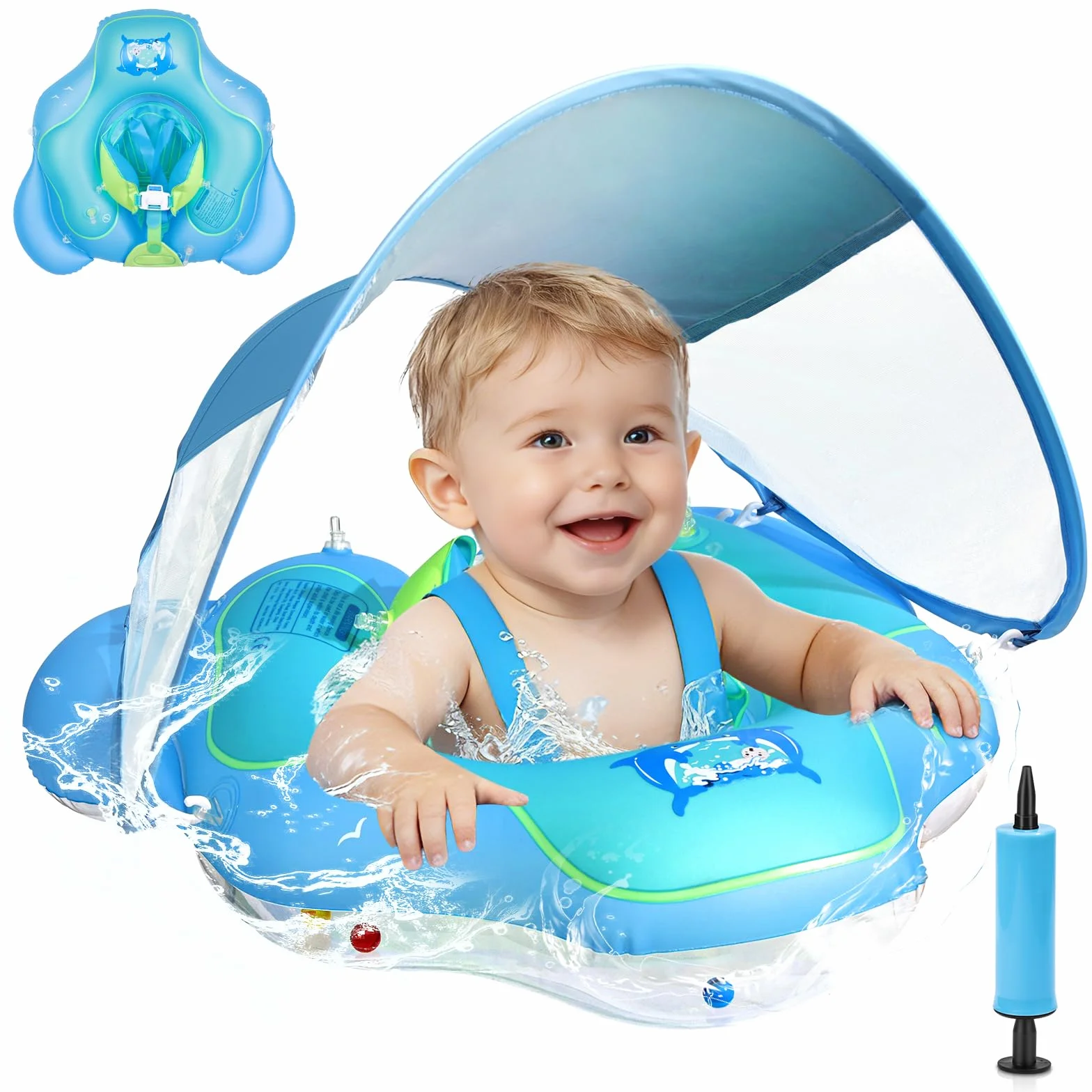 Salvagente Neonato con Parasole, Ciambella Neonato Mare, Anello Galleggiante per Bambini SPF 50+ Sedile di Sicurezza Regolabile, per Bambini da 6 a 36 mesi