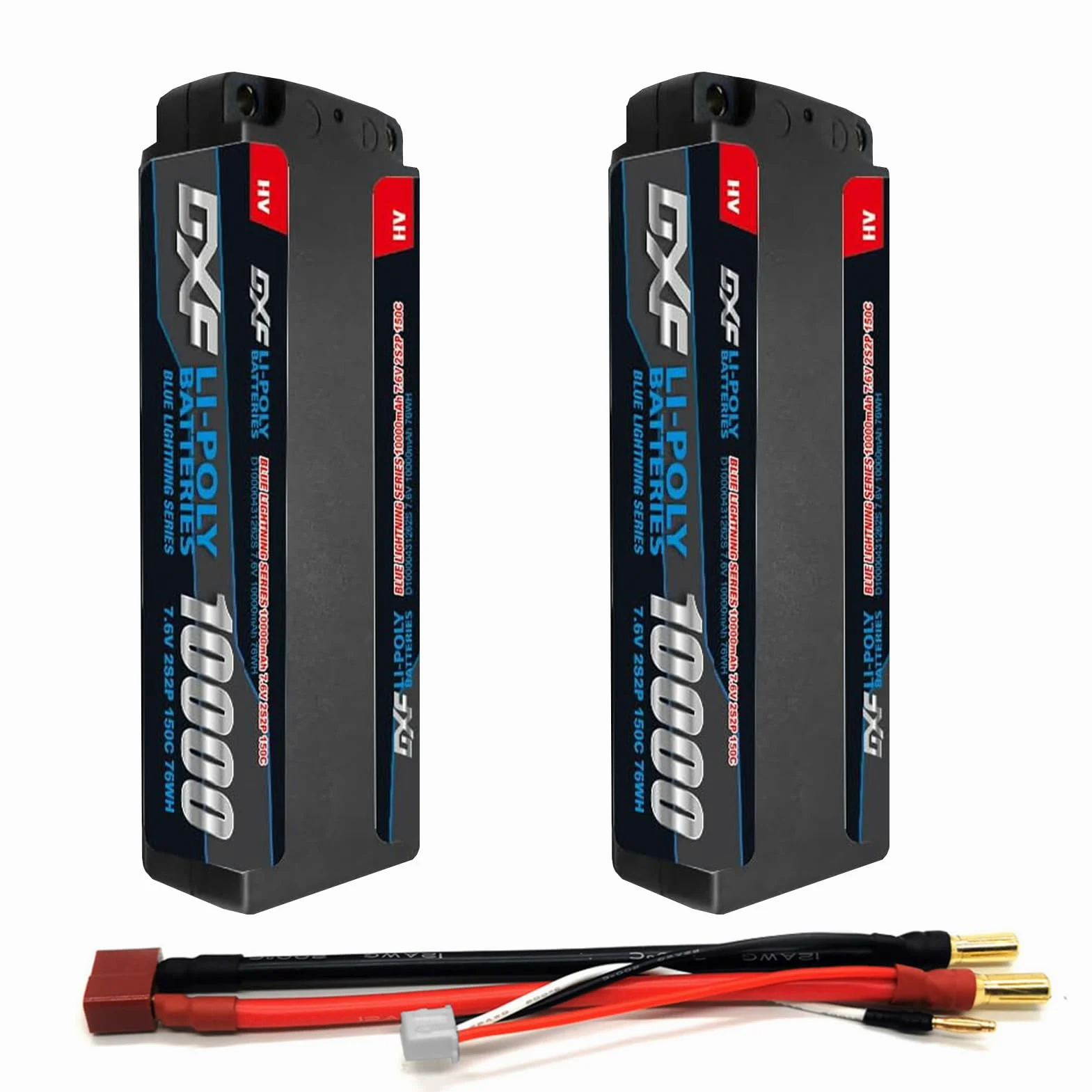 DXF Batteria LiPo 2S 7.6V 10000mAh 150C HV Bullet 5.0mm Spina T Auto RC 1/8 1/10 Truck Buggy Touring Drift Alta Capacità Lunga Durata Gare Racing Competizione Modellismo 2 Pezzi