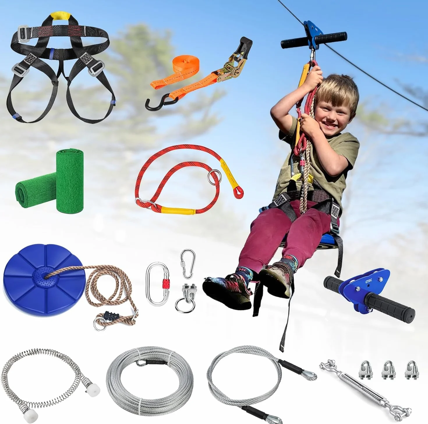 CTSC Kit zip line per giardino, 25 m, kit zip line per bambini e adulti, con freno a molla in acciaio inossidabile, kit di tensionamento, imbracatura di sicurezza, protezioni per alberi (25 m blu)