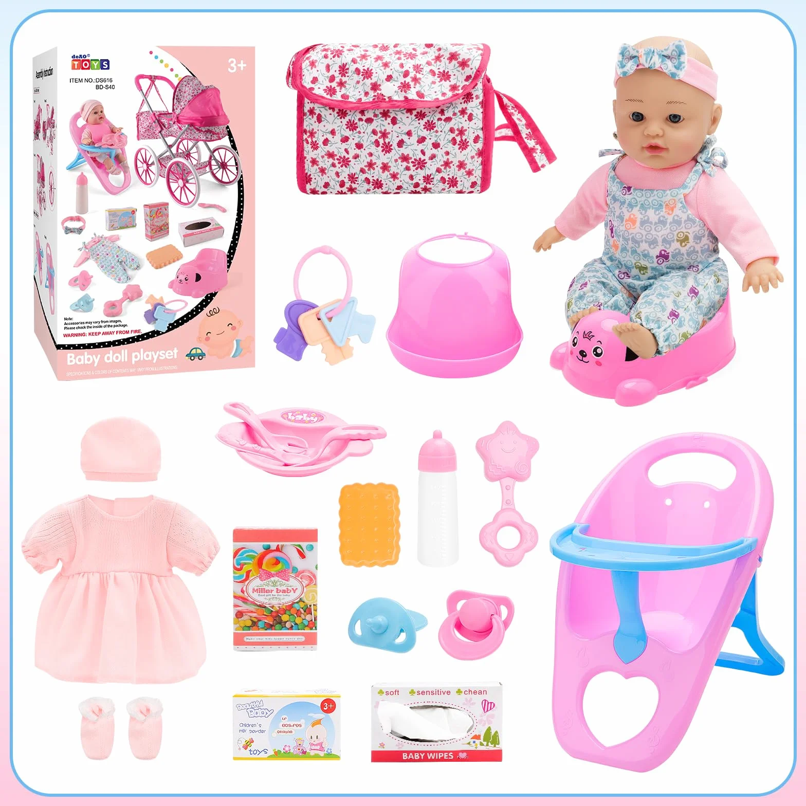 deAO Carrozzina Bambole con Bambola 30 cm, Seggiolone e Accessori Passeggino Giocattolo per Bambina dai 3 Anni, con Cestino Portaoggetti e Borsa Giocattolo Educativo per Bambina 3+ Anni