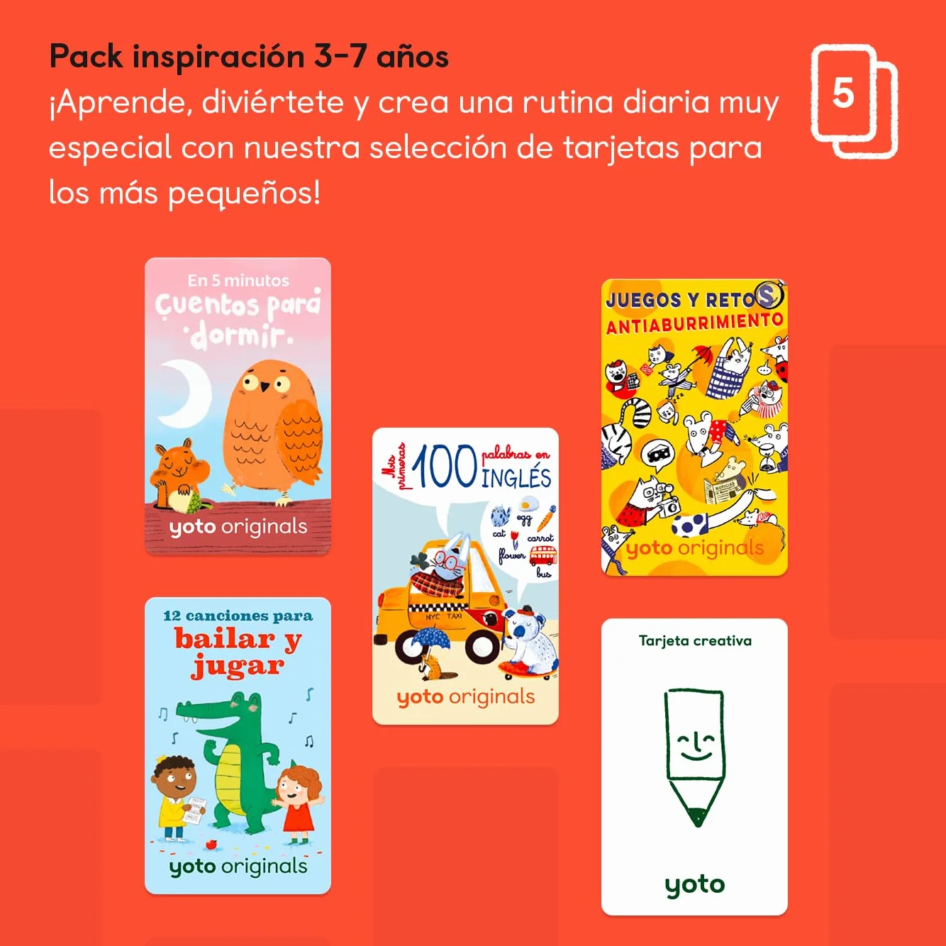 Yoto Confezione di ispirazione 3-7 anni - 6 carte con racconti audio per bambini in spagnolo senza schermi. Storie per imparare e quiz interattivi. Compatibile con Yoto. Età 3+.