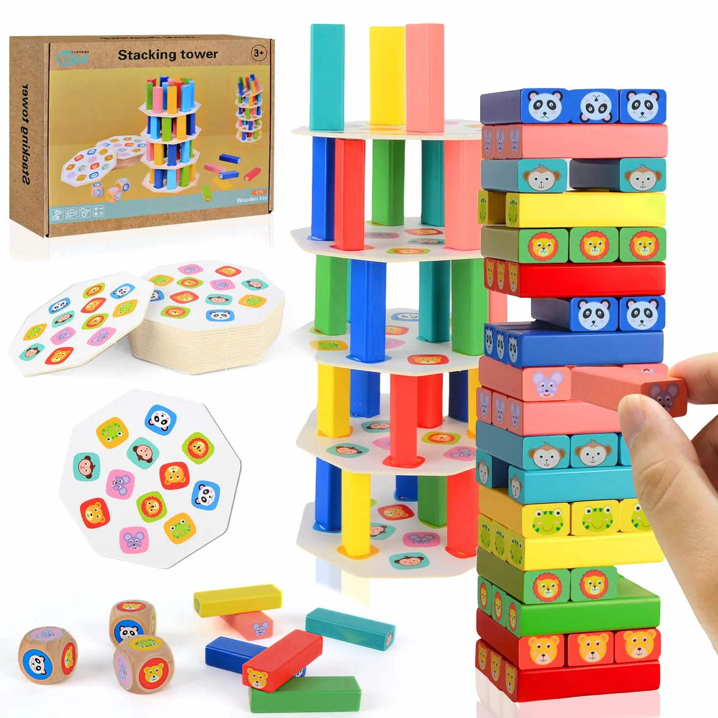 Torre Oscillante Impilabile in Legno, Gioco Educativo 4 in 1 per Bambini 3+ Anni, 75 Pezzi Blocchi Costruzioni Equilibrio, Gioco da Tavolo di Abilità, Bambini e Famiglia