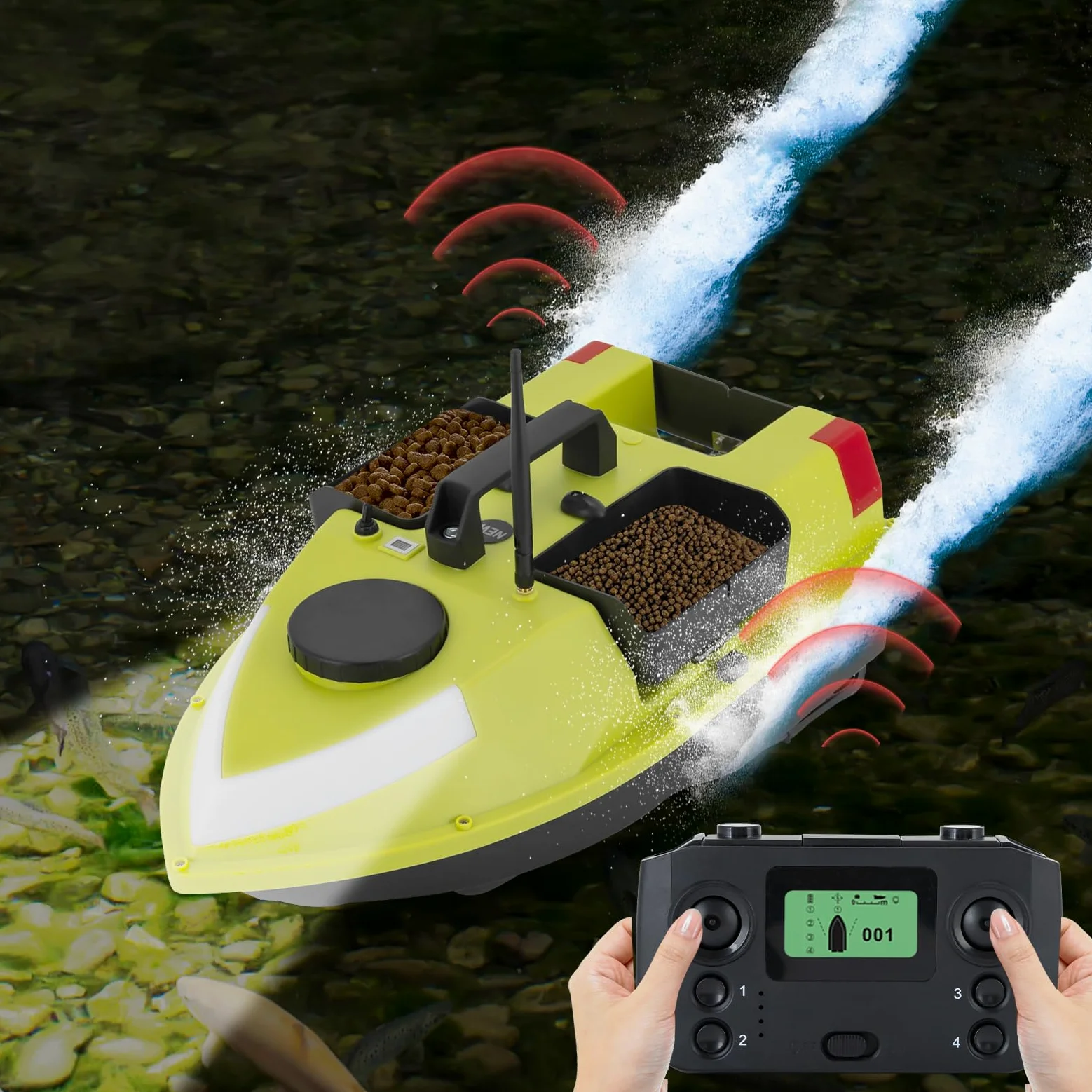 Intelligente RC Bait Boat, 600M Barca Radiocomandata da Pesca con GPS, Auto Reuturn, Wireless RC, 10000 rpm, 2x5200MA Batteria integrata, 99 Punti di Traina