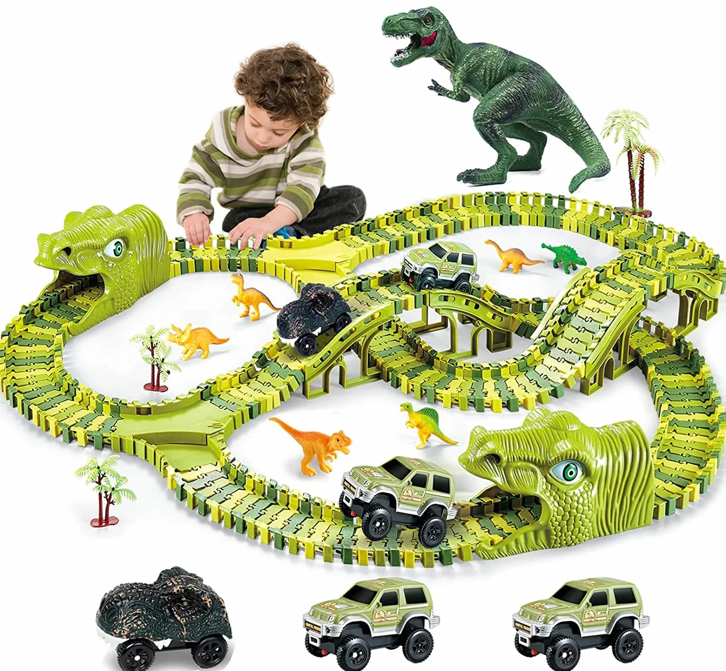 burgkidz Giochi di Dinosauri Pista da Corsa, 260 Pezzi Tracce Playset con 3 Auto e 7 Giocattoli, Regalo Educativo per Bambini