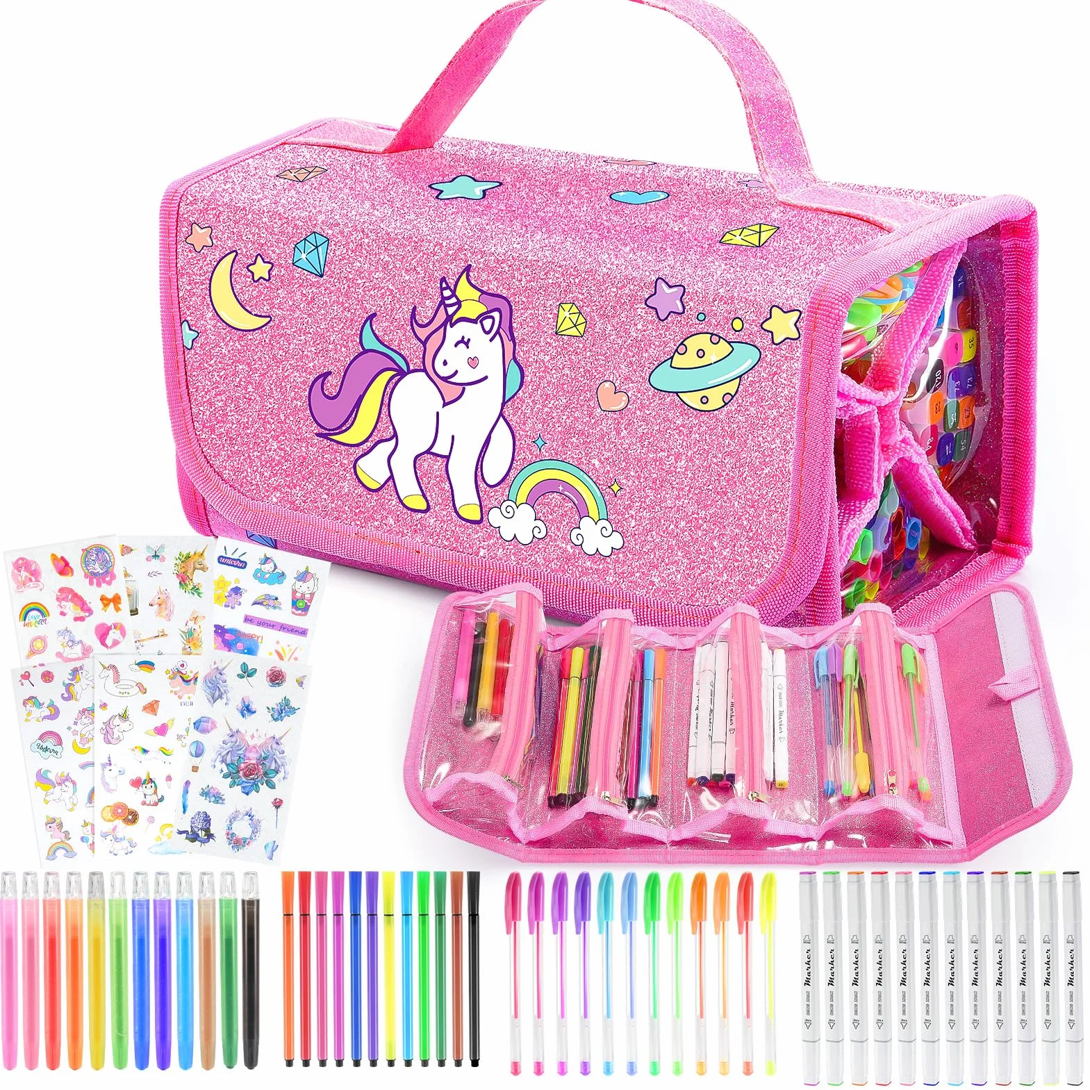 HappyGoLucky Valigetta Colori per Bambini Kit Disegno Acquerelli Pastelli Pennarello Impermeabile Rosa