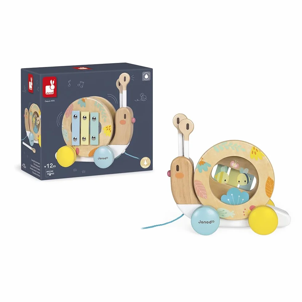 Janod - Chiocciola in Legno da Trainare Pure - Giocattolo in Legno con Xilofono e Tamburello - Vernice Ad Acqua - Giocattolo Educativo Musicale 1A Infanzia - Da 1 Anno, J05159