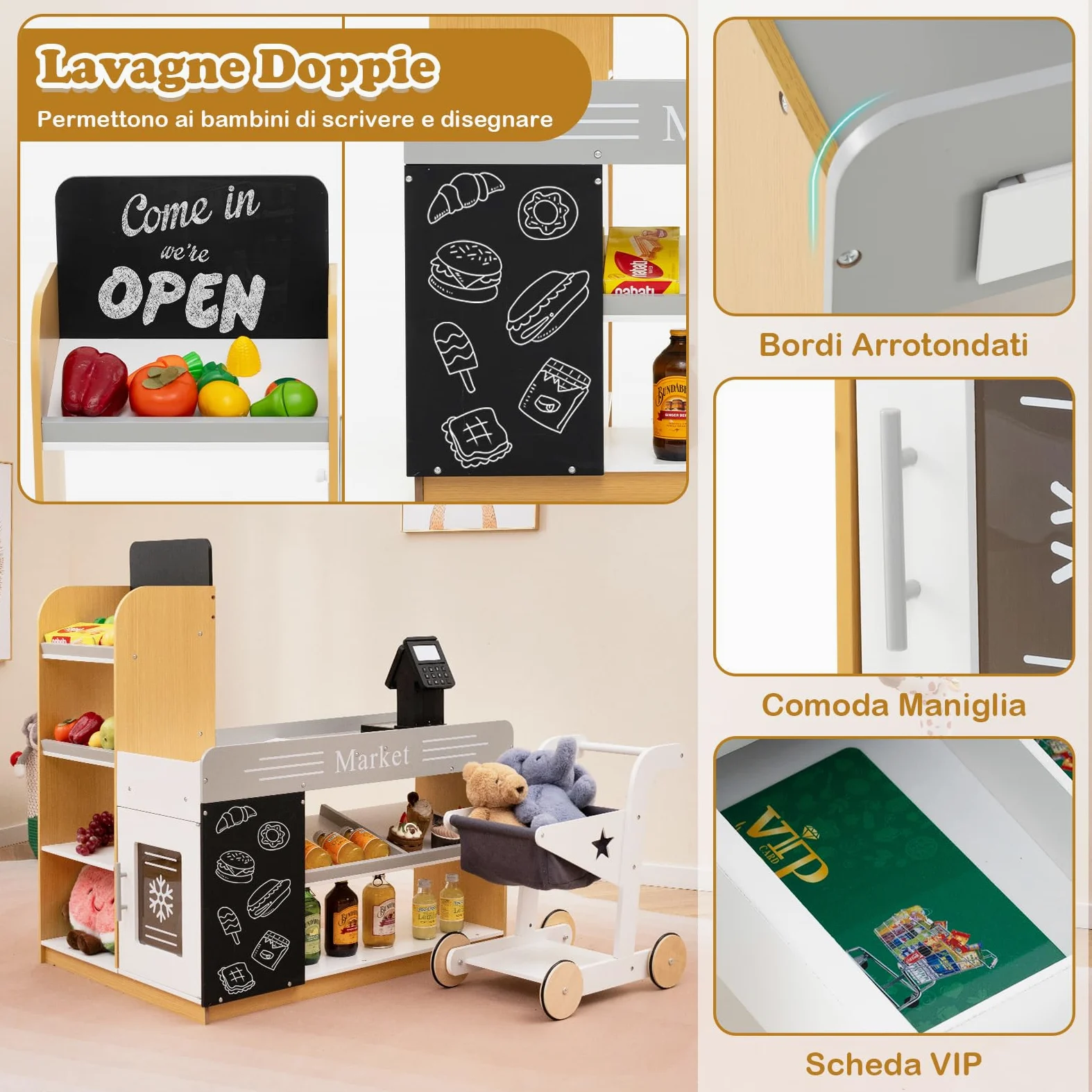 COSTWAY Set da Gioco da Supermercato, Banco di Mercato per Bambini in Legno con Carrello della Spesa, 2 Lavagne e Registratore di Cassa, Scaffali Espositivi, per Bambini 3+ Anni