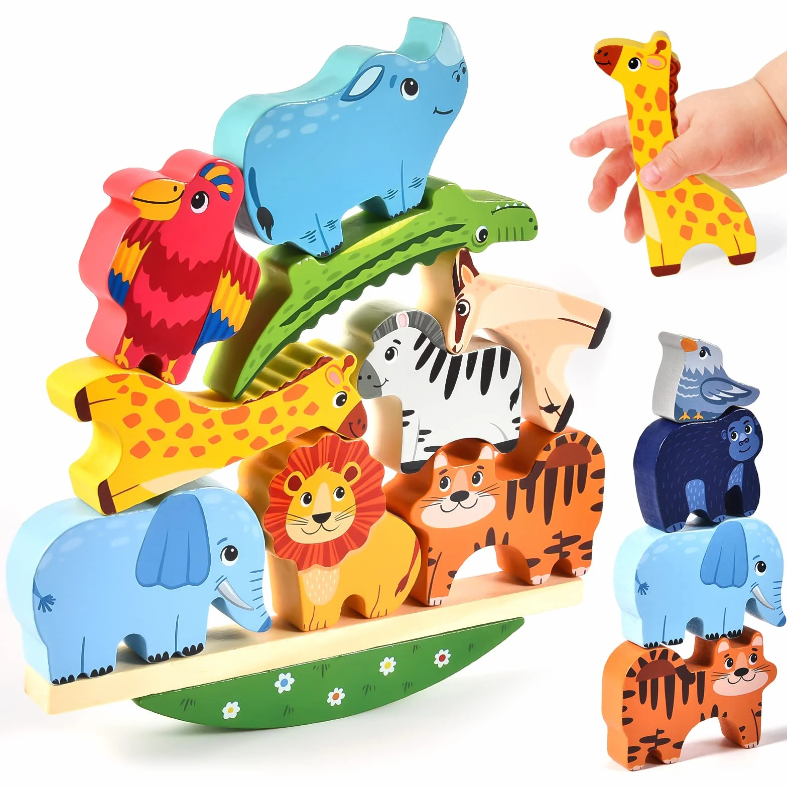Atoylink Montessori Giochi Impilabili Legno Animali Blocchi di Costruzione Gioco di Equilibrio Educativi Giocattolo di Legno Compleanno Regalo per Bambini 2 3 4 5 Anni