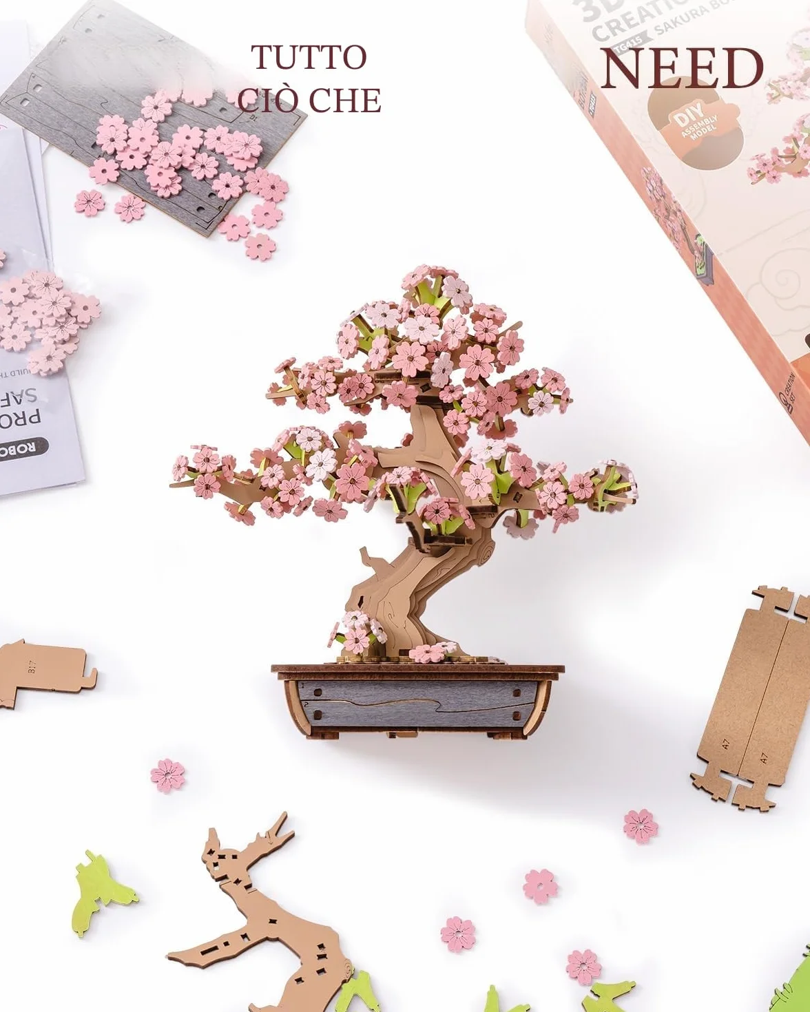 ROWOOD 3D Puzzle in legno Bonsai, kit modello pino fai da te per adulti da costruire, crea il tuo kit di costruzione in legno, decorazione unica per la casa (Sakura Bonsai)
