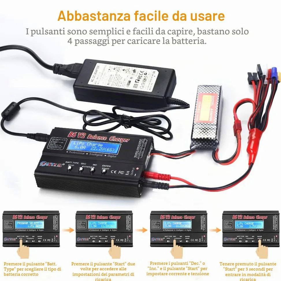 Haisito Caricabatterie LiPo Balance, Caricatore Pacco Batteria 1S-6S Digitale 80W 6A Connettori Deans + Alimentatore