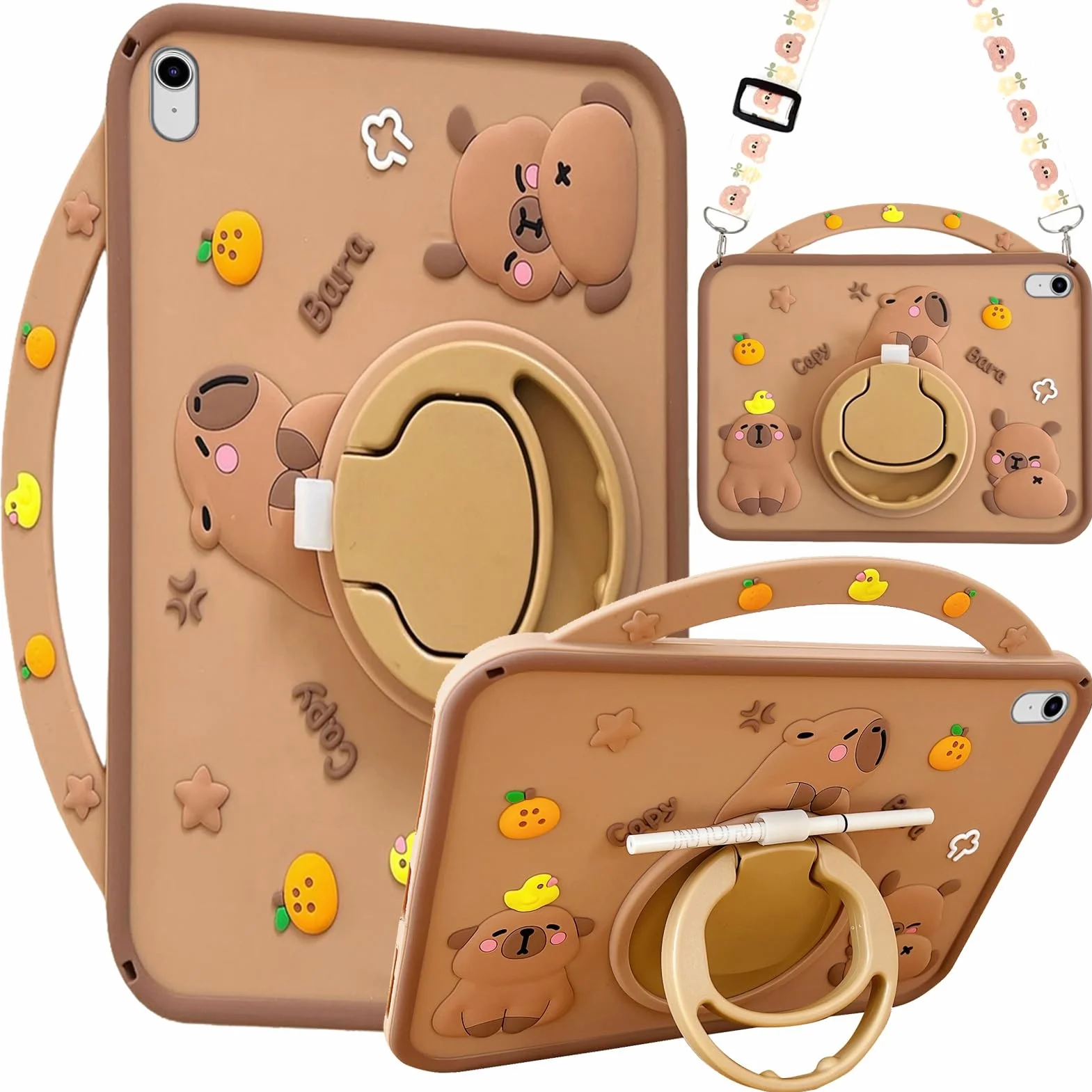Custodia Bambini Compatibile con iPad (A16) 11a/10a Generazione (2025/2022), Antiurto Silicone Capybara Cover con Portapenna, Supporto per Maniglia, Tracolla