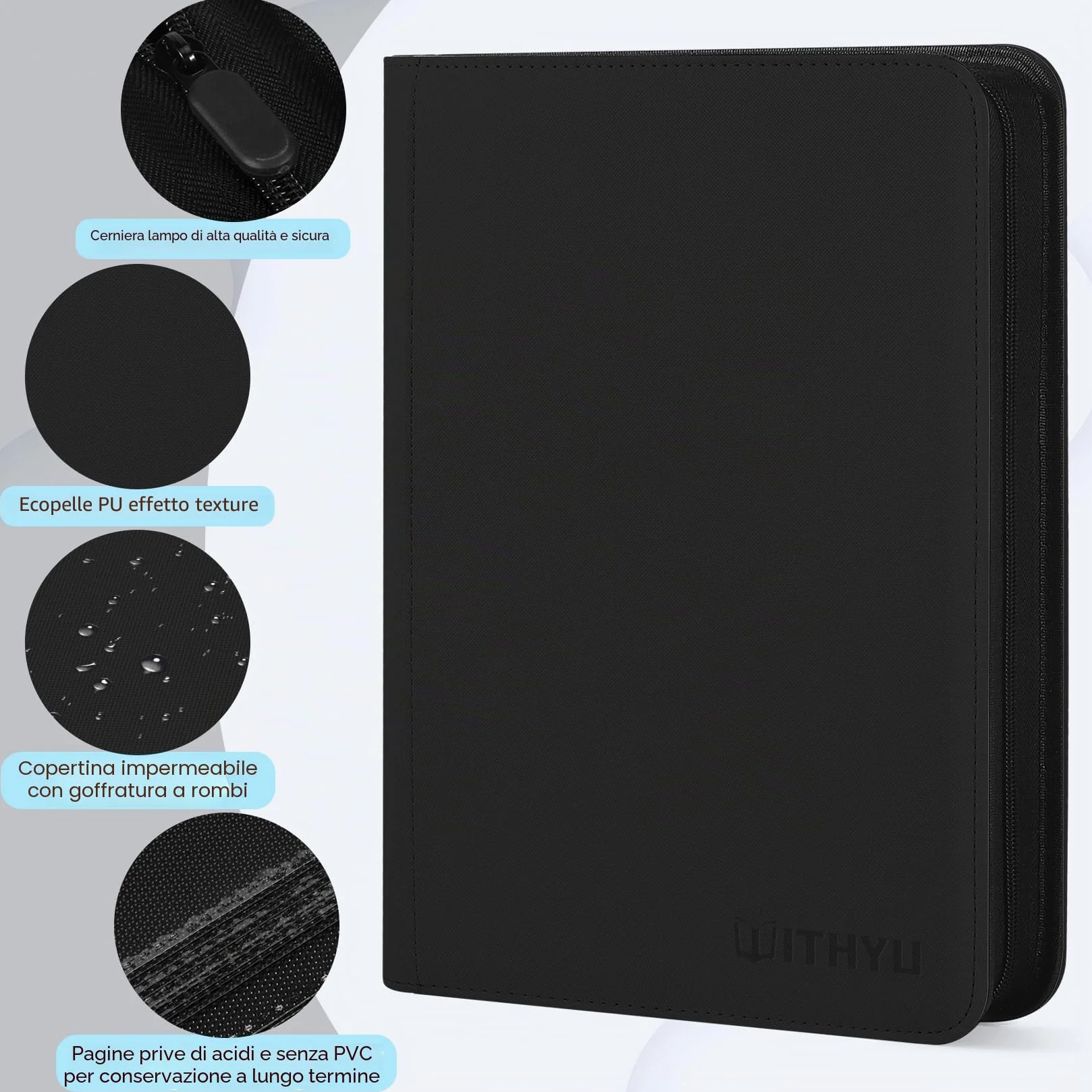 WITHYU Album da Collezione per Carte 16 Tasche, Capacità 1024 Carte - Portacarte Impermeabile Caricamento Laterale con Zip per TCG, Calcio & Collezioni, Portatile (Nero)