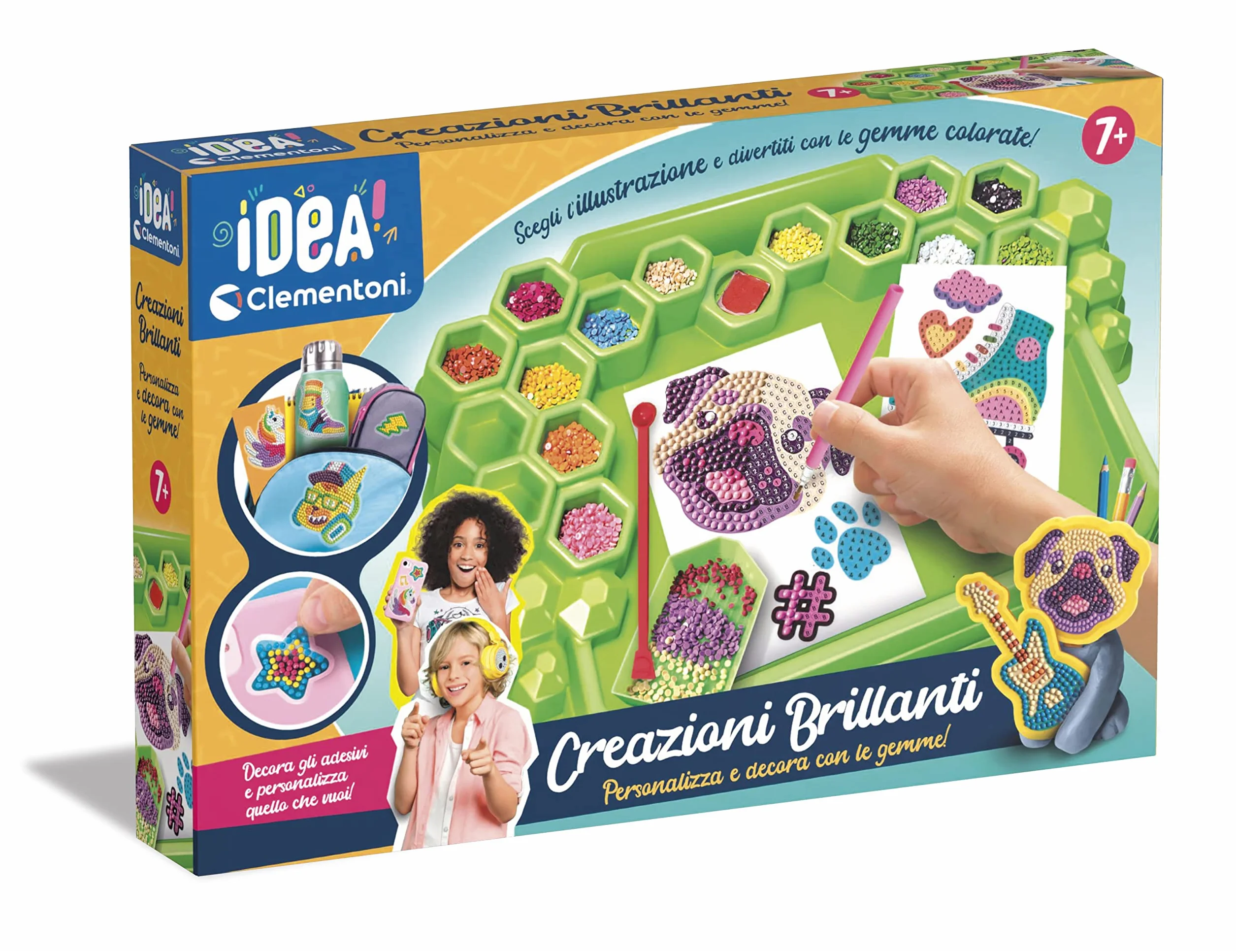Clementoni Idea - Creazioni Brillanti, Kit Diamond Painting per Bambini 7+ Anni, Laboratorio di Gemme e Arte con Accessori per Opere Scintillanti, Gioco Creativo Made in Italy, Lingua Italiana, 18678
