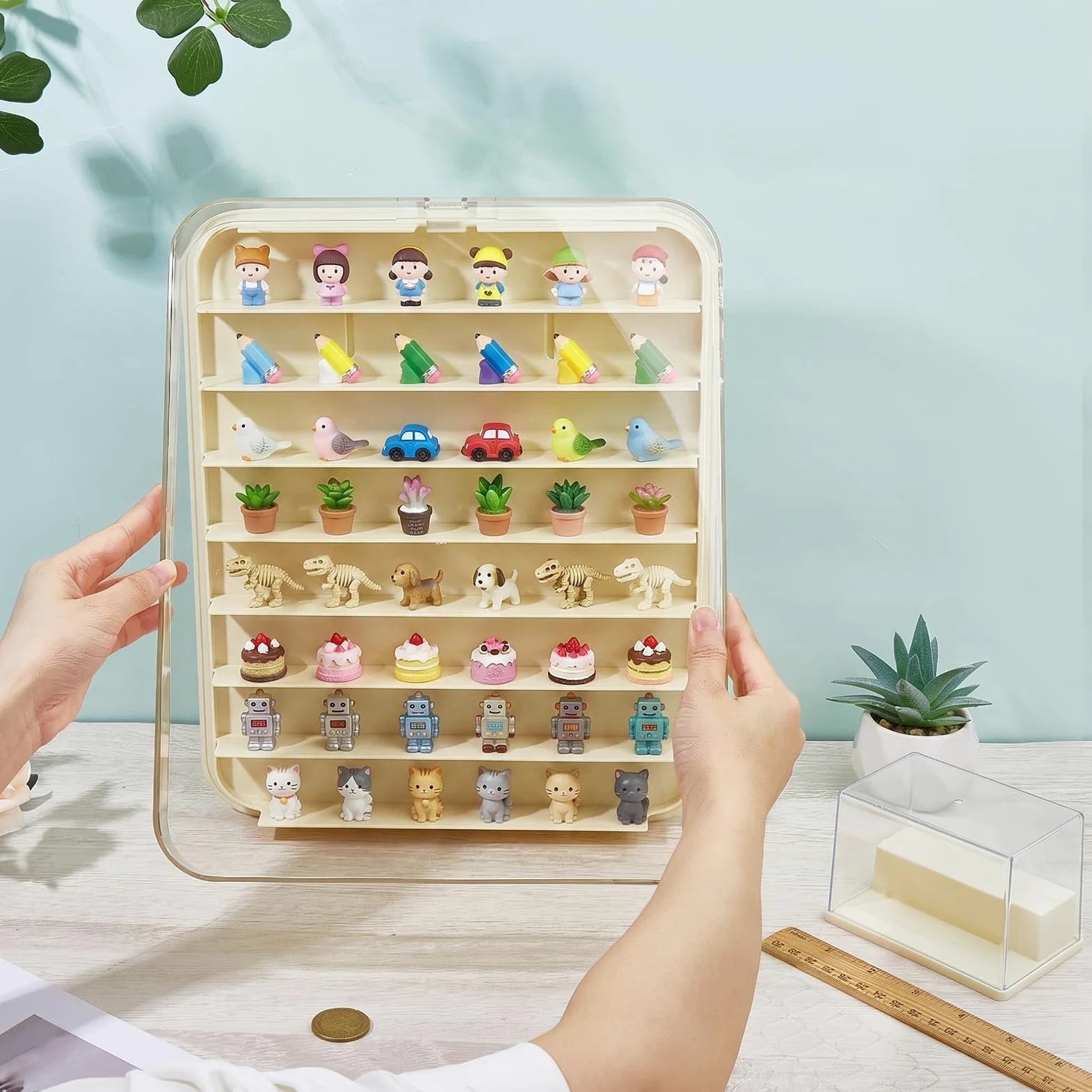 Espositore per statuette, da parete e da scrivania, 3 pezzi | Vetrina multi mini figure, organizer trasparente antipolvere per oggetti da collezione, action figure e pietra, con adesivi