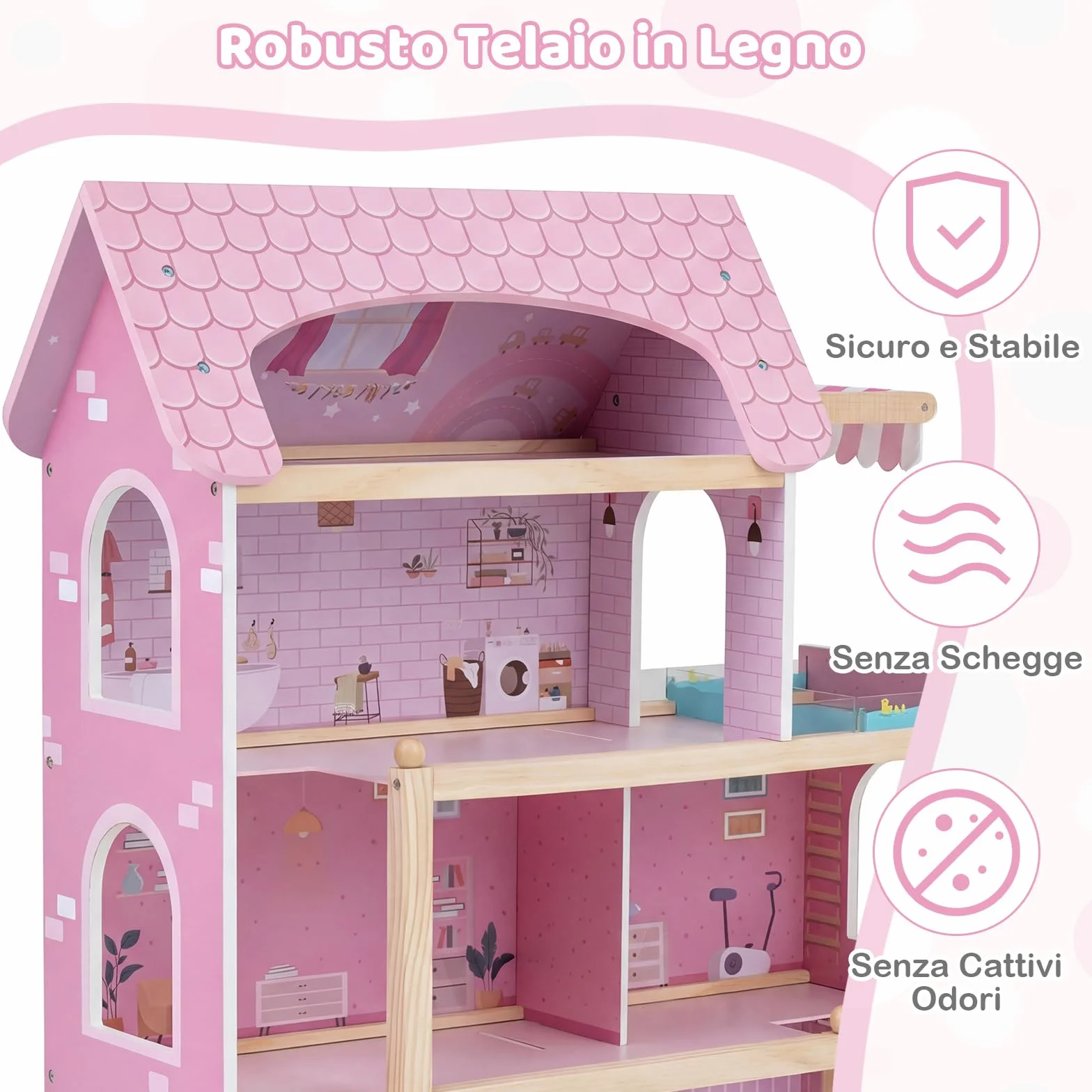 COSTWAY Casa delle Bambole in Legno, Casa Bambole con 4 Piani, 6 Stanze, Terrazza, Piscina e Scale, Casetta Giocattolo Educativo con 33 Mobili Accessori, per Bambini 3+ Anni, 63 x 25 x 78 cm (Rose)