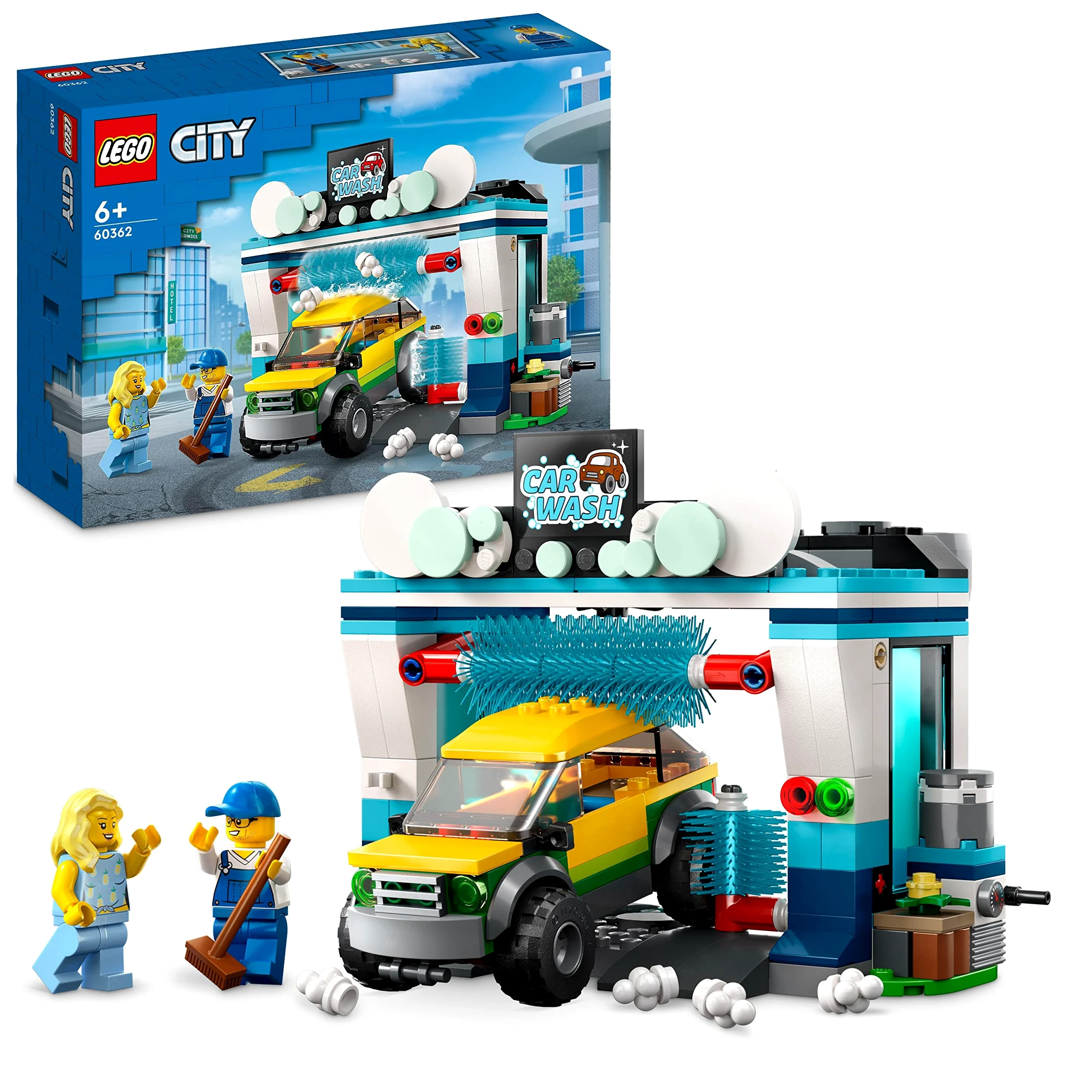 LEGO City Autolavaggio, Gioco per Bambini e Bambine di 6 Anni, Set con Spazzole Rotanti, Macchina Giocattolo e 2 Minifigure, Piccola Idea Regalo 60362