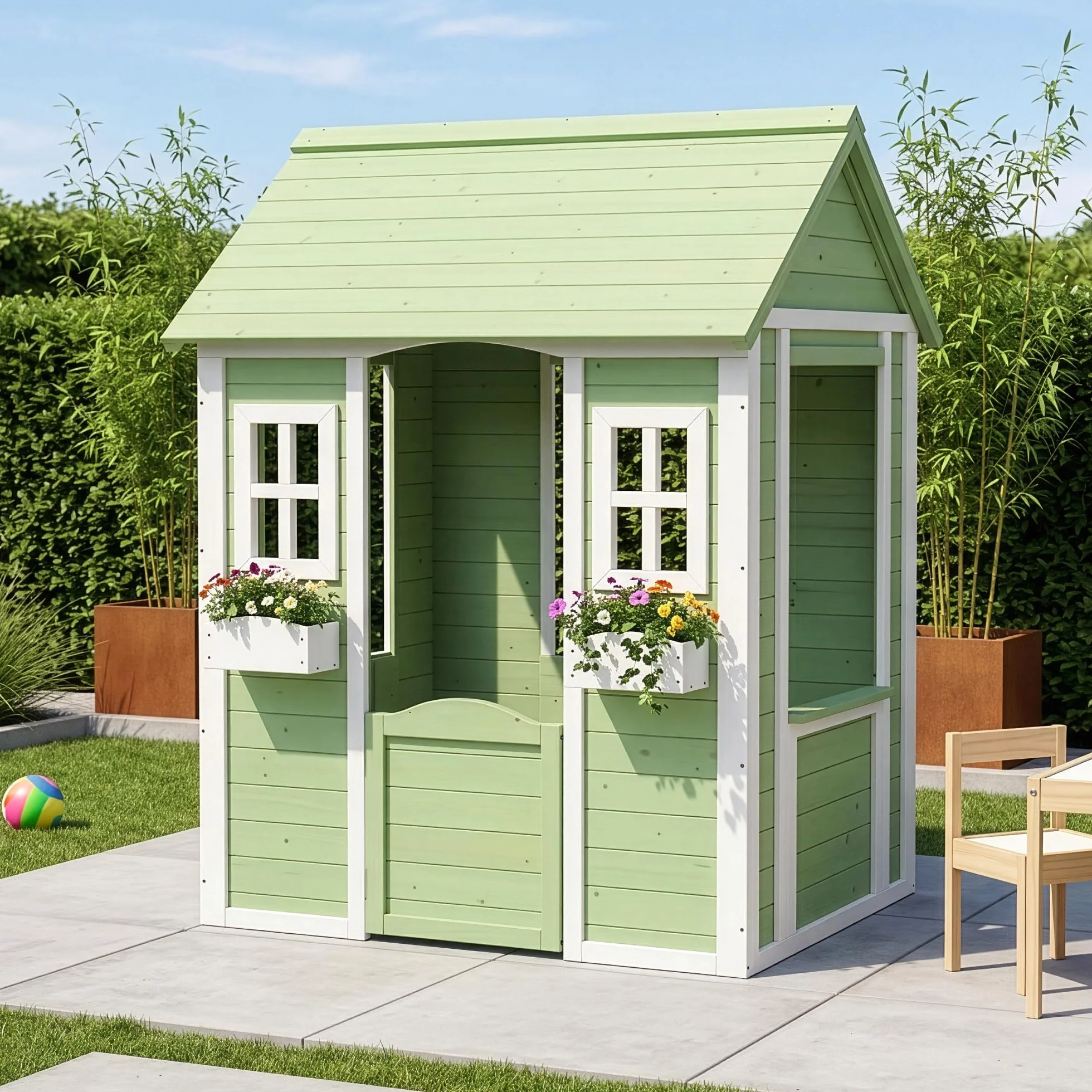 [en.casa] Casetta da Gioco per Bambini in Legno di Abete con Tetto a Capanna Finestre Fioriere e Cancello Casetta da Giardino per Bimbi 144x107x90 cm Verde/Bianco