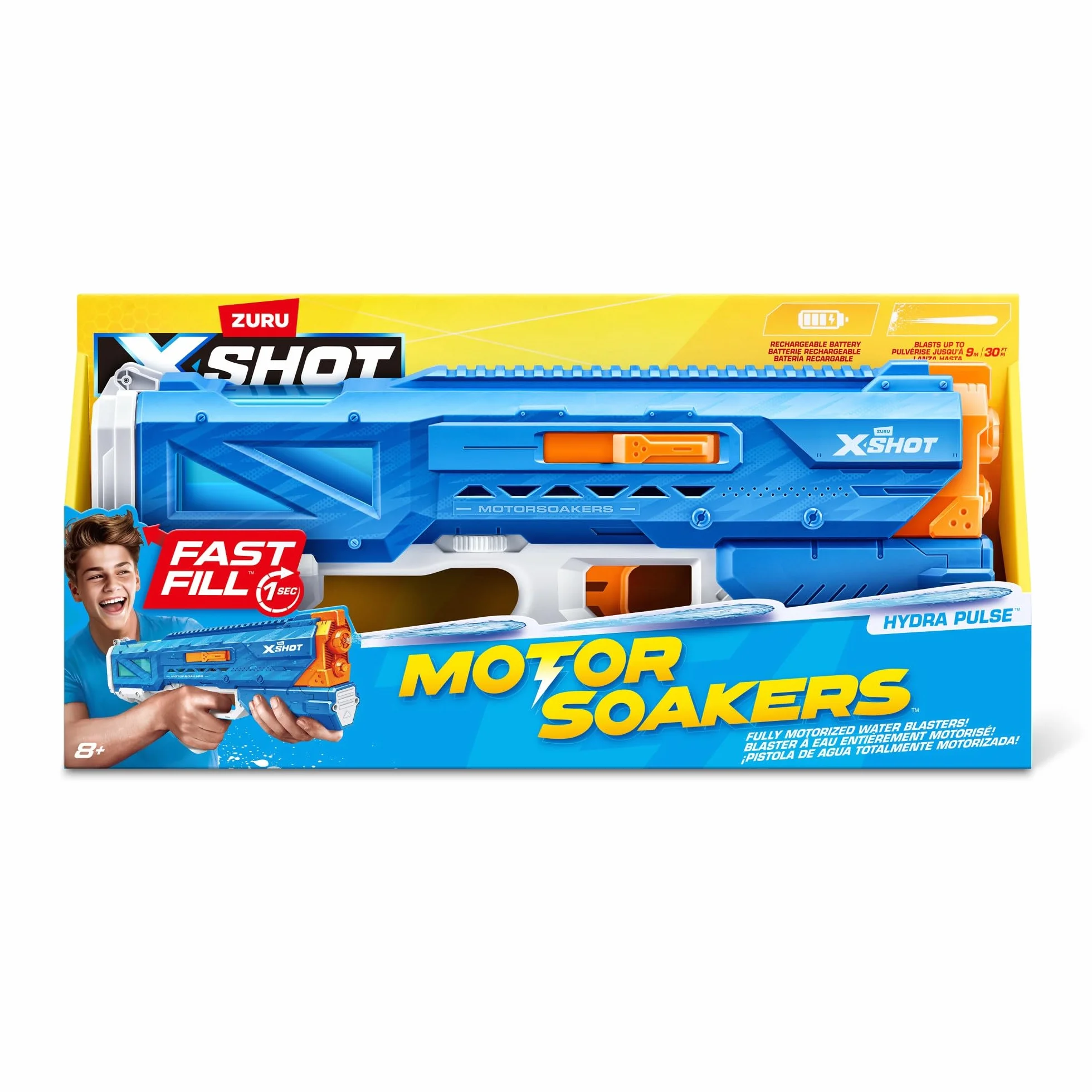 Pistolet a eau motorisé - ZURU - X-SHOT Hydra Pulse - Remplissage rapide - Batterie rechargeable - Portée 9 m - Réservoir 650