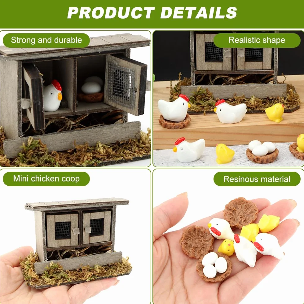 Set di pollai in miniatura, 13 pezzi, in legno, con galline, pulcini, uova e nidi, decorazione per giardini fatati, mini paesaggi fai da te e decorazioni per la casa