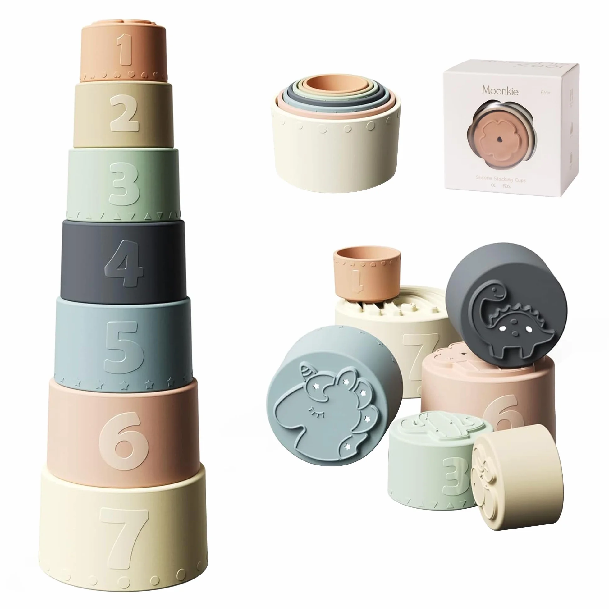 Moonkie Cubi Impilabili Bambini, Giocattoli da Tazza in Silicone, Costruzioni per Bambini, Giochi Montessori, Dentizione Neonato Silicone, Regalo Bambino, 6+ Mesi, 7 Pezzi (Fine Day)