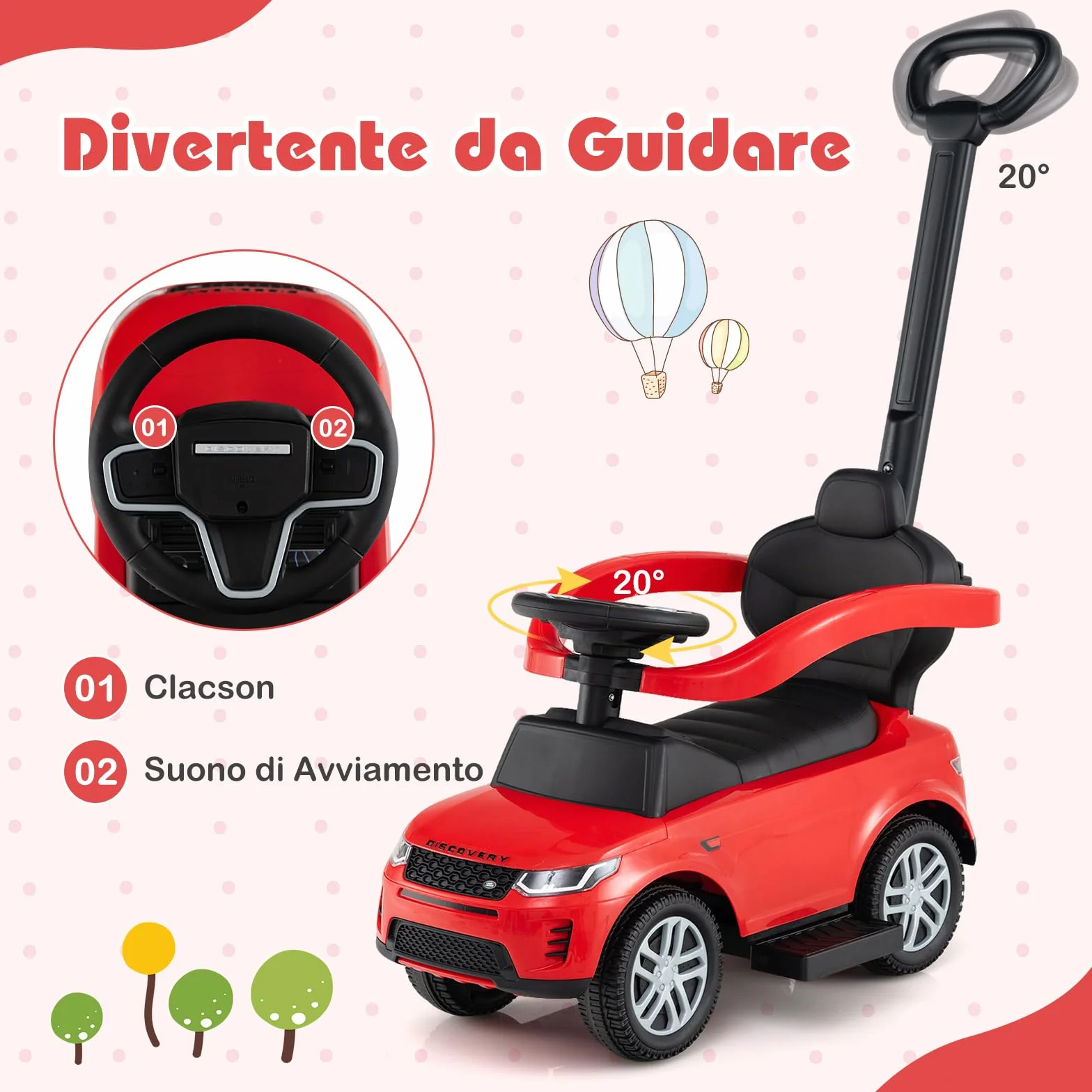 COSTWAY 3 in 1 Auto a Spinta, Macchinina a Pedale con Manico Removibile e Paracolpi, Clacson e Suono di Avvio, per Bambini 18-36 Mesi (Rosso)