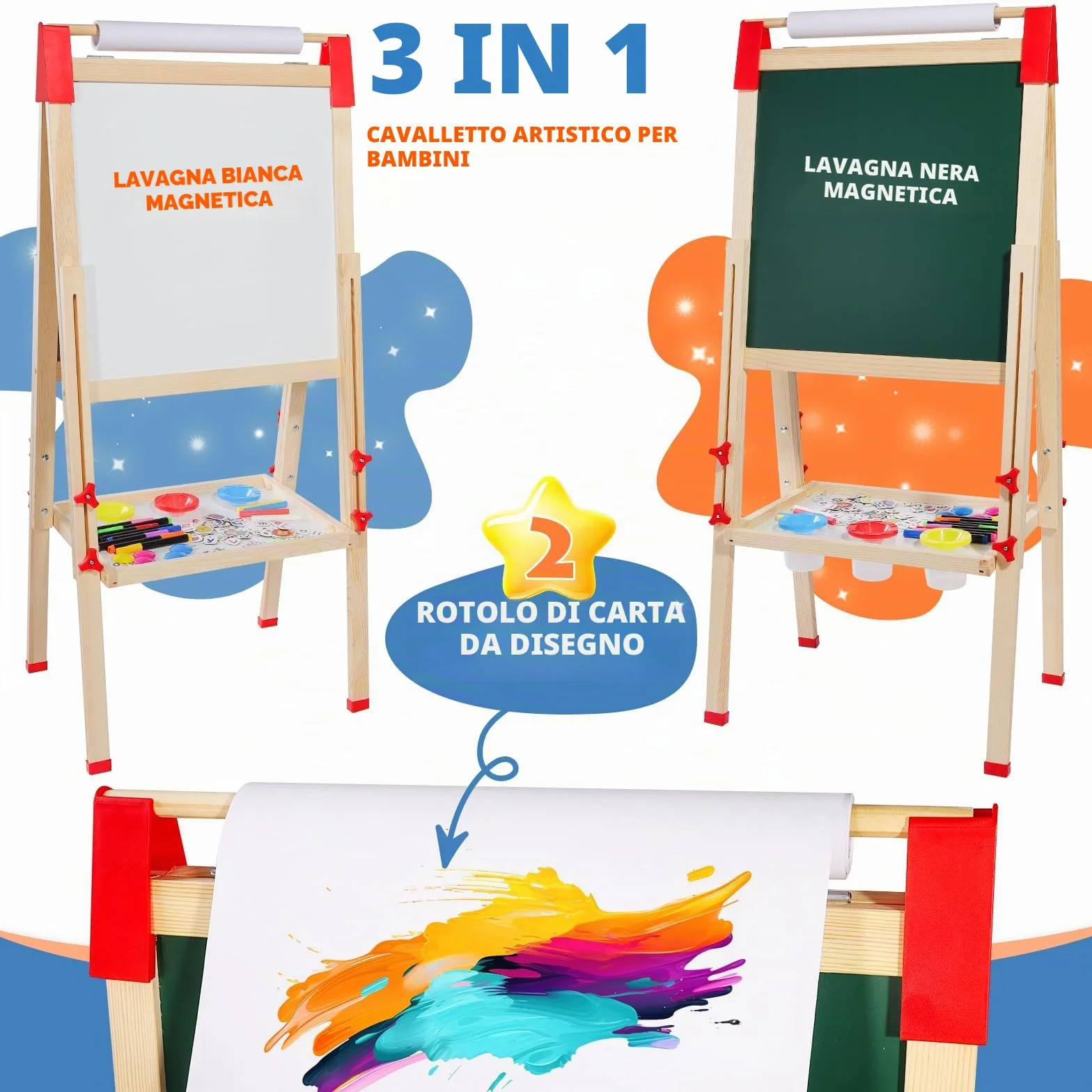 Cavalletto per Bambini in Legno Lavagna Doppia Faccia con Supporto per Rotoli