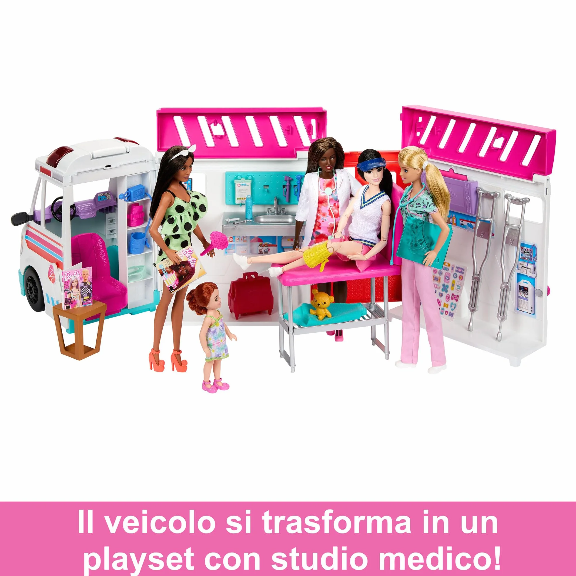 Barbie - Playset Ambulanza, veicolo di primo soccorso con luci, suoni e 20+ accessori, giocattolo per bambini, 3+ anni, HKT79