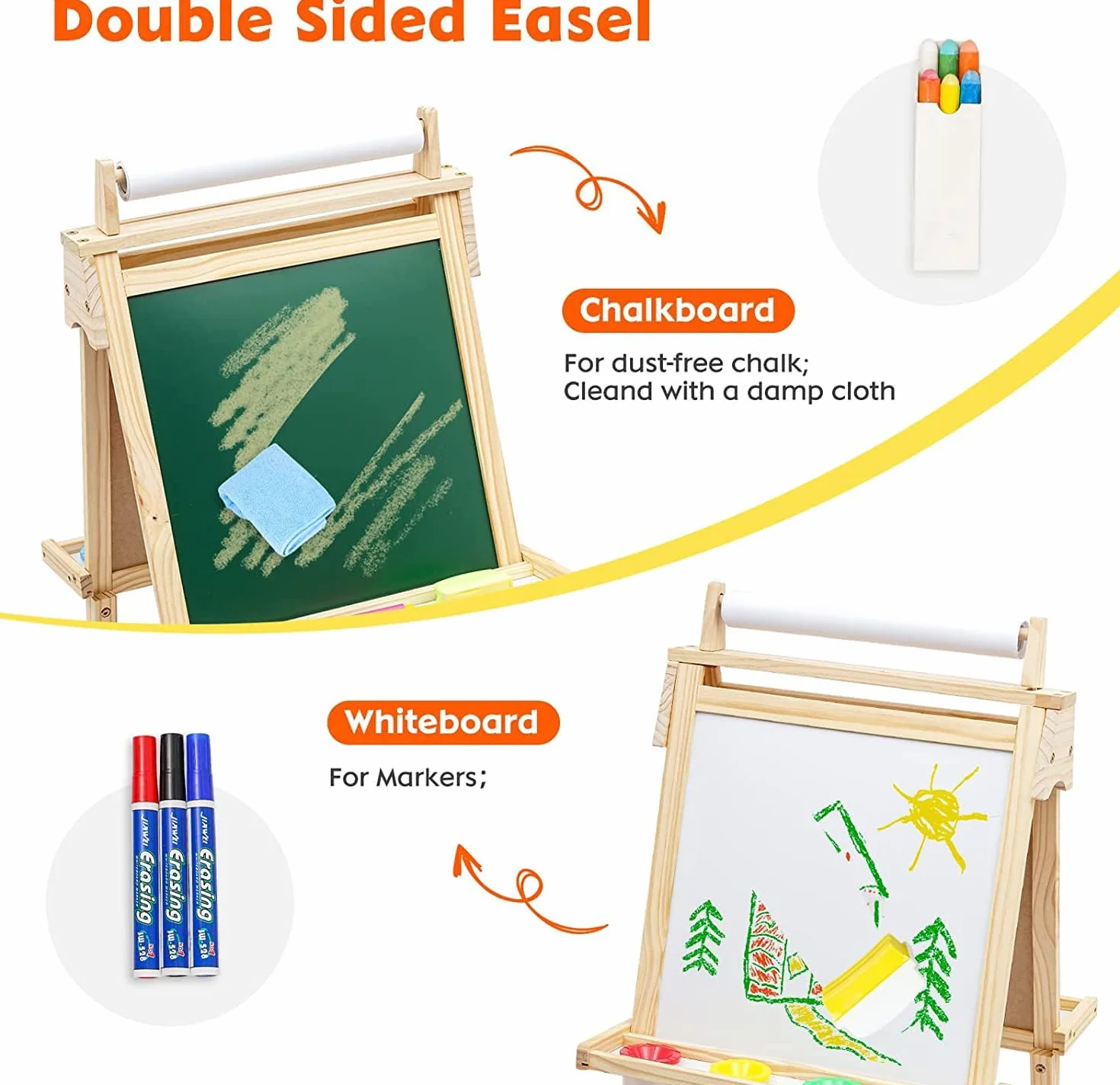 Cavalletto per bambini Tavola da gioco in legno per bambini Tavola in legno per bambini con rotolo di carta Lavagna bianca e lavagna a doppia faccia Cavalletto per bambini