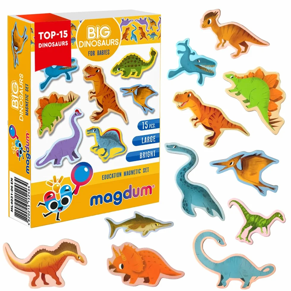 Magneti Dinosauri per Bambini – 15 Grandi Dino Magnetici – Gioco Educativo Montessori – Attività Creativa Neonati & Asilo – Set Magnetico Casa Scuola – Regalo Bambini – Magdum