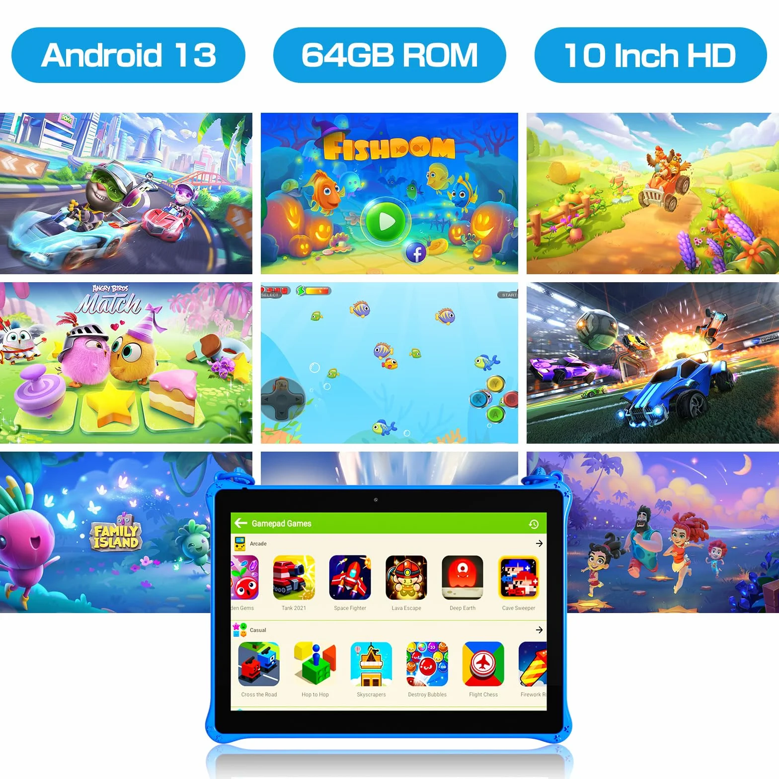 PRITOM Tablet per bambini da 10 pollici con Android 13 da 64 GB, espandibile a 512 GB, doppia fotocamera, tablet per bambini dai 3 anni in su (blu)