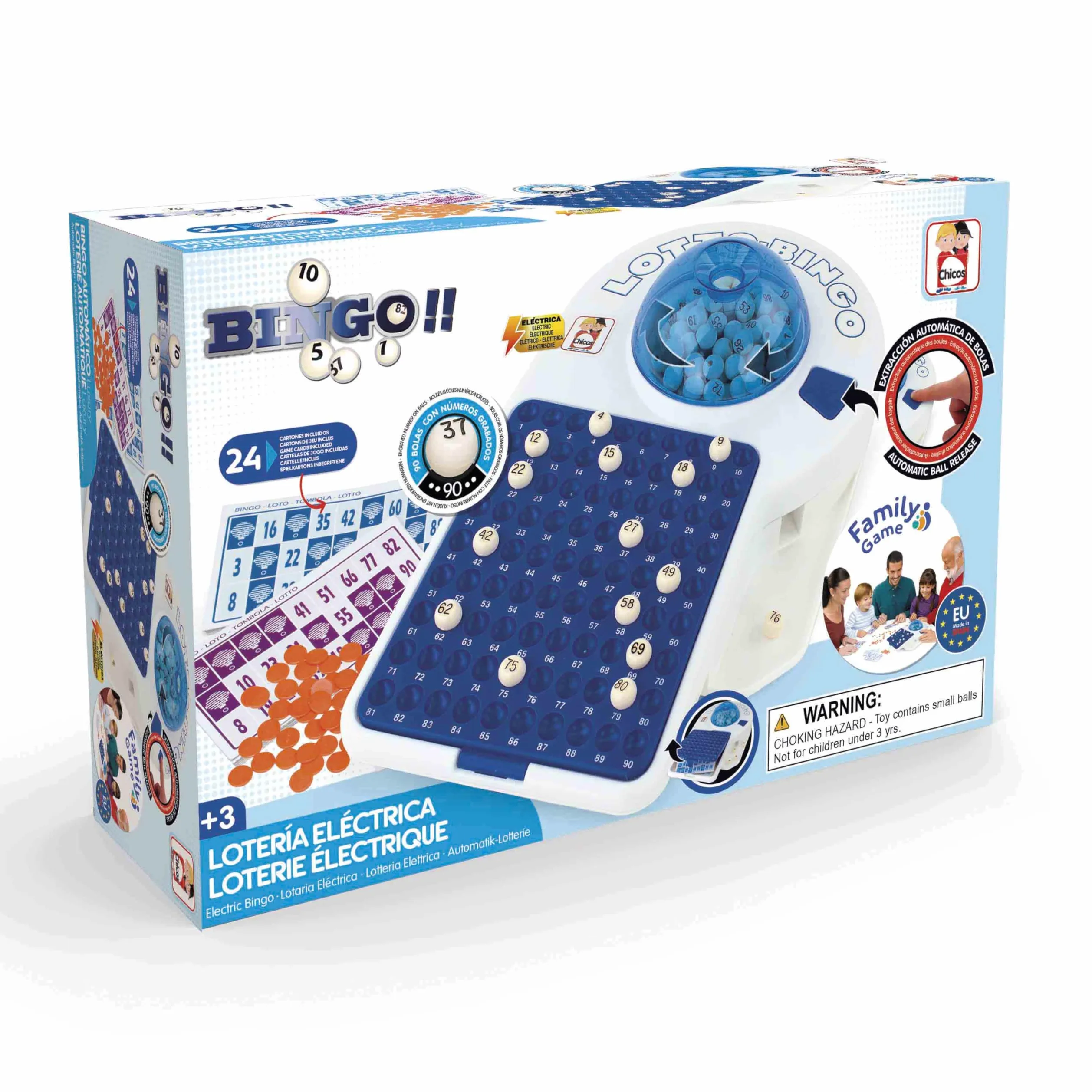 Chicos - Tombola Elettrica Famiglia | Bingo elettronico 24 cartelle con 90 palline indelebili | Estrazione automatica e vano porta gettoni | Fino 24 giocatori | Consigliato dai 3 anni (22302)