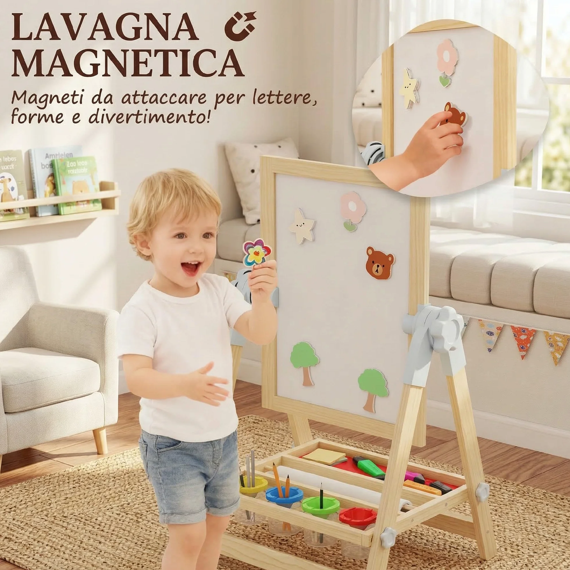 AIYAPLAY Cavalletto da Disegno per Bambini con Lavagna Doppia Magnetica, Vassoio Portamatite, Rotolo Carta Incluso, Legno Naturale