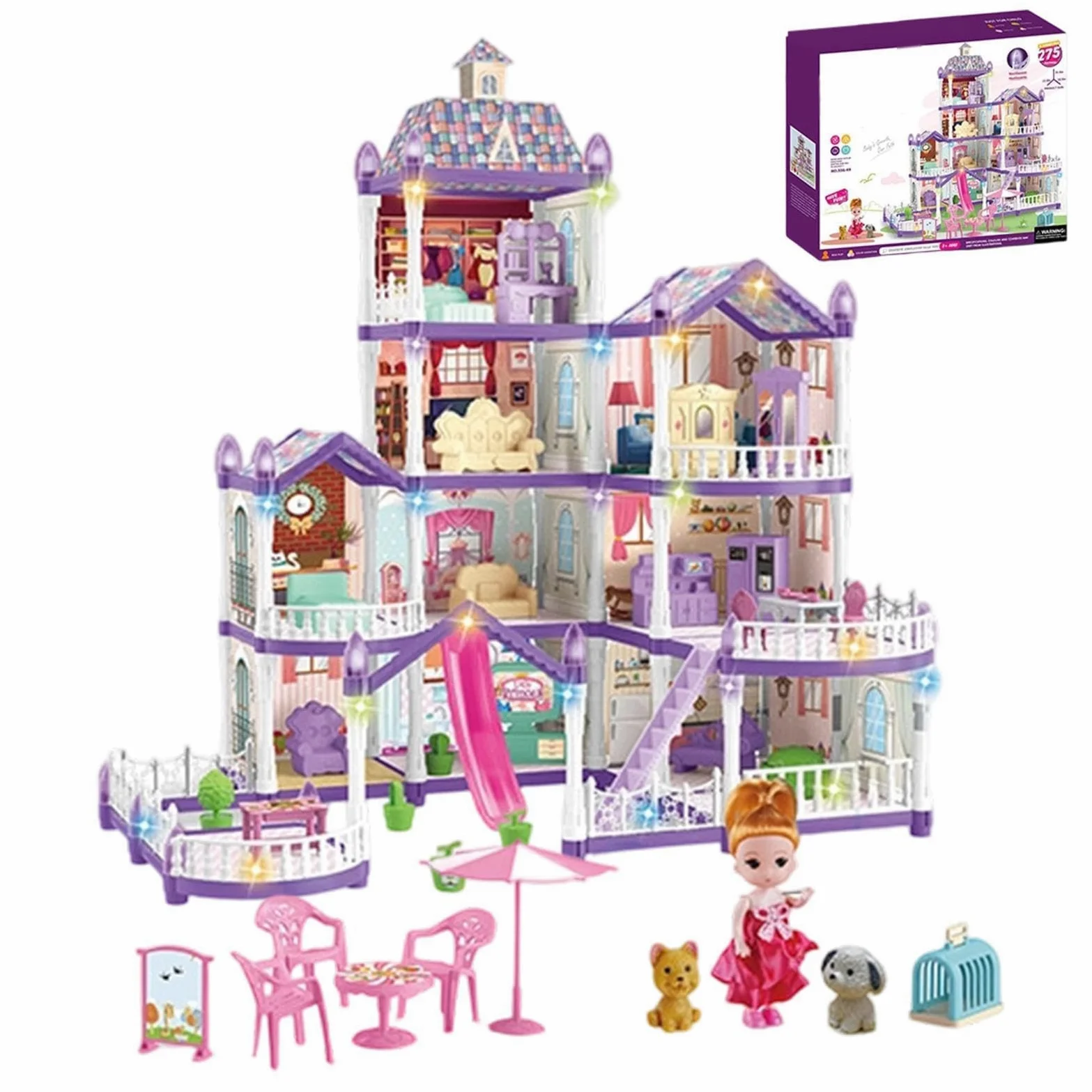 Casa Di Bambole Per Bambine 4 Piani 13 Stanze Da Montare Miniatura | Villa Giocattolo Con 3 Principesse, 2 Cuccioli e Arredamento Per Bambini 4-6 di Ruolo Regalo Natale