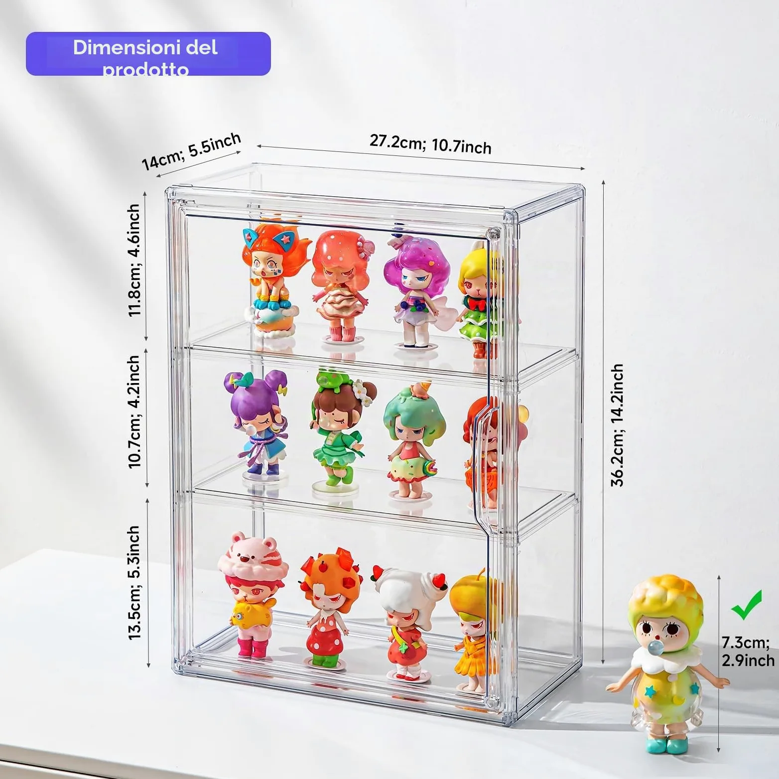 Confezione da 2 vetrine acriliche da collezione, vetrina trasparente in miniatura per figurine, montaggio a parete o scrivania, organizer per armadio a 3 livelli, vetrina a