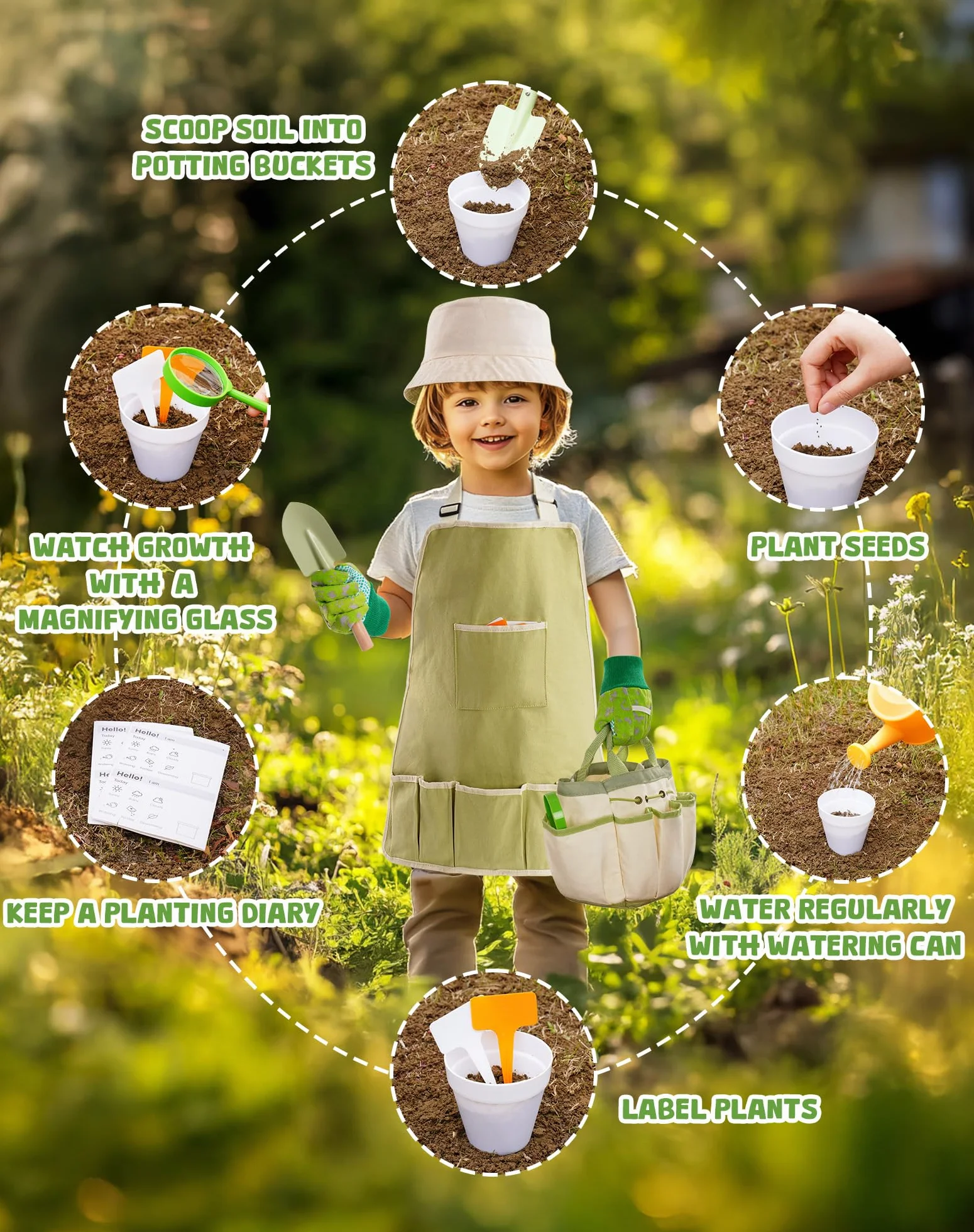 ROBOTIME Set di attrezzi da giardinaggio per bambini, 18 pezzi, kit di attrezzi da giardino per bambini con annaffiatoio, guanti, grembiule e cappelli, borsa degli attrezzi e set di metallo, regalo