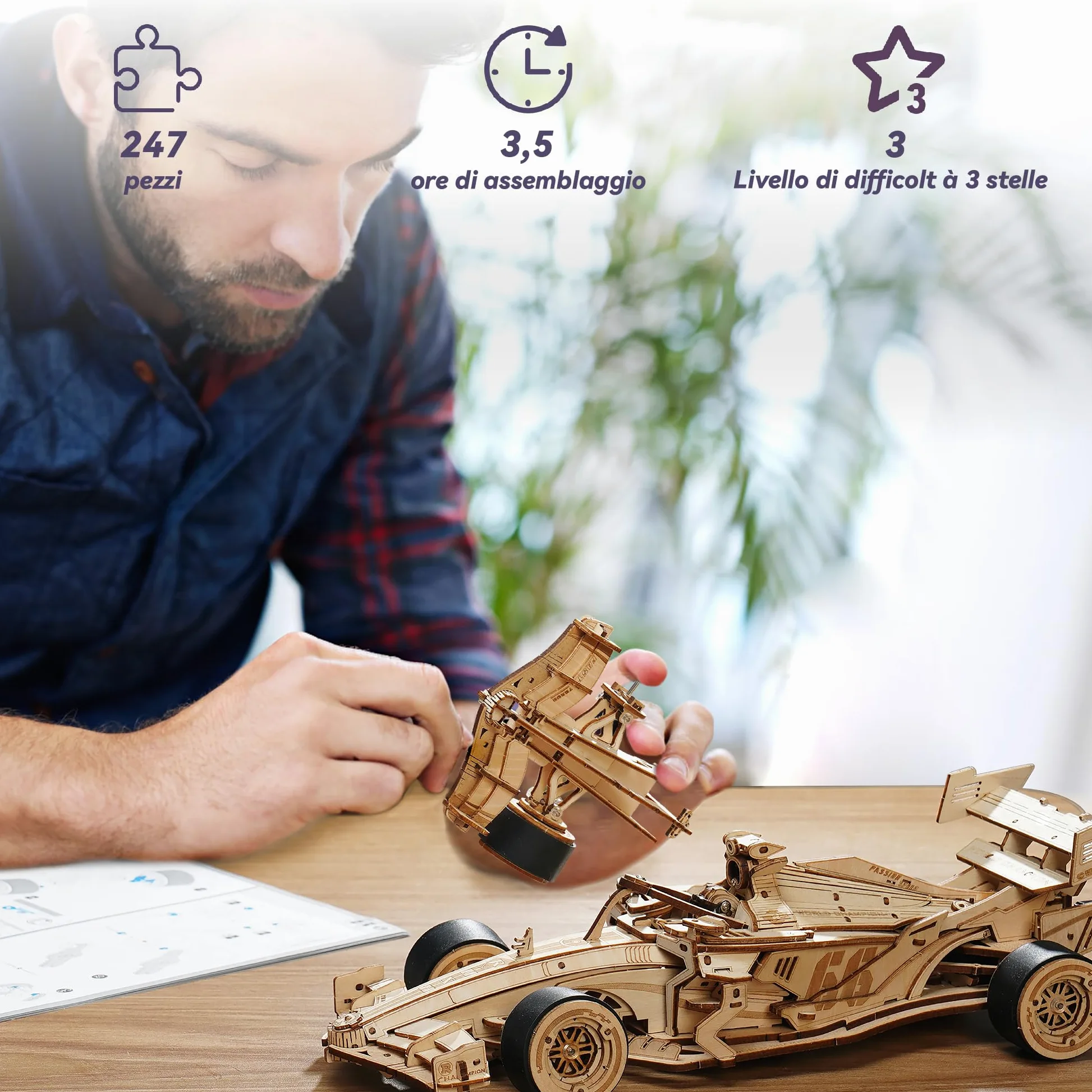 ROWOOD Kit di modelli di auto da corsa in legno per adulti e ragazzi da costruire, puzzle in legno 3D, kit di costruzione di modelli di veicoli, kit di artigianato fai da te, regalo creativo per lui