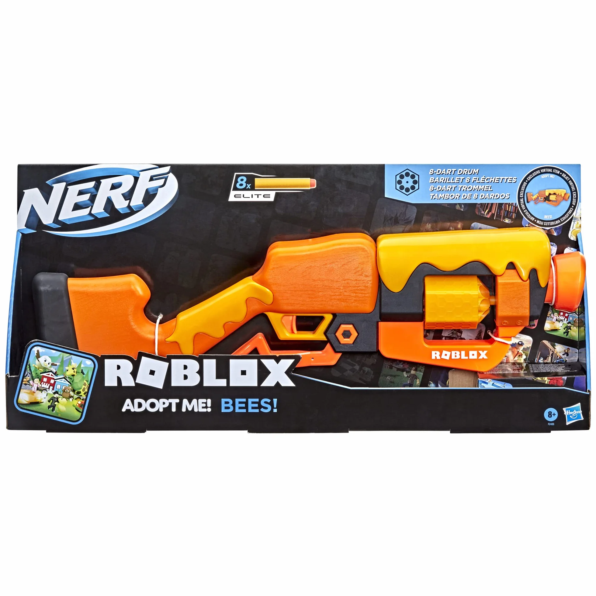 Hasbro Nerf Roblox - Adopt Me!: BEES!, blaster lancia-dardi con azione a leva, tamburo rotante con 8 dardi, 8 dardi Nerf Elite, contiene codice per sbloccare un articolo virtuale in-game