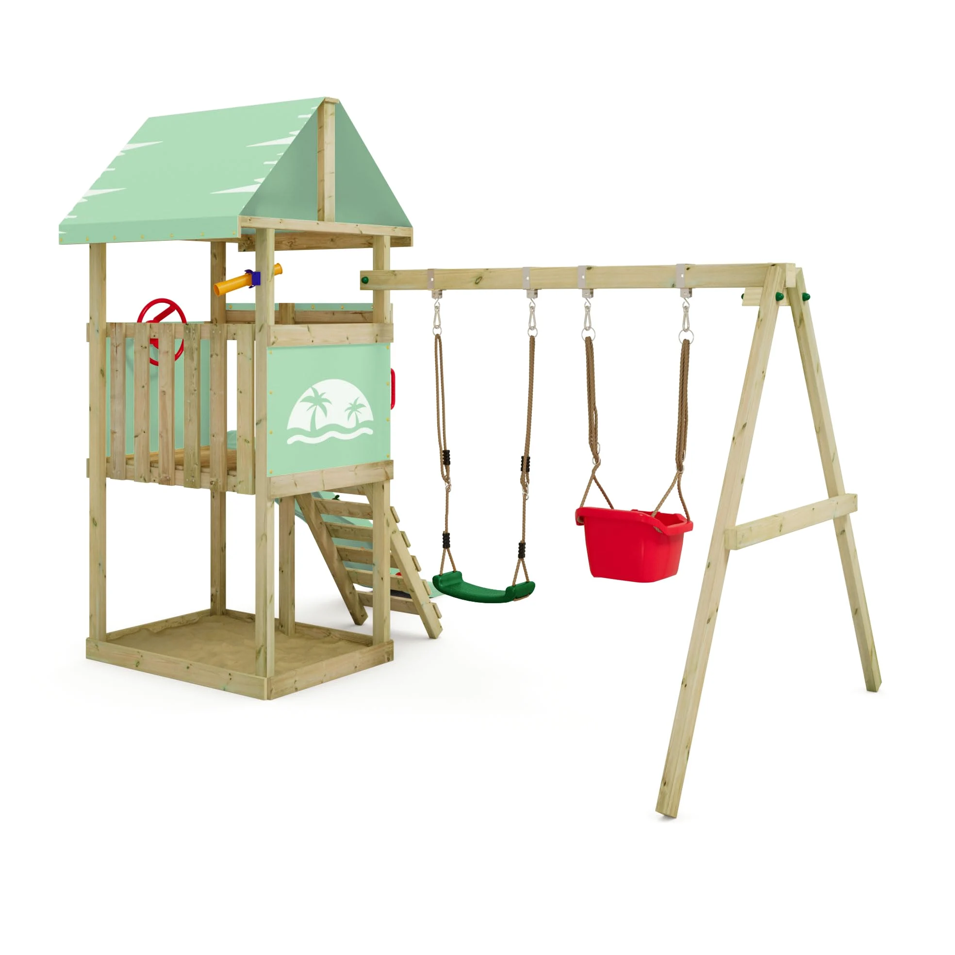 Wickey Parco giochi DinkyHouse con estensione dell'altalena - con scivolo & telone verde pastello - Torre di arrampicata per bambini per il giardino in legno massiccio - 303x317x247 cm