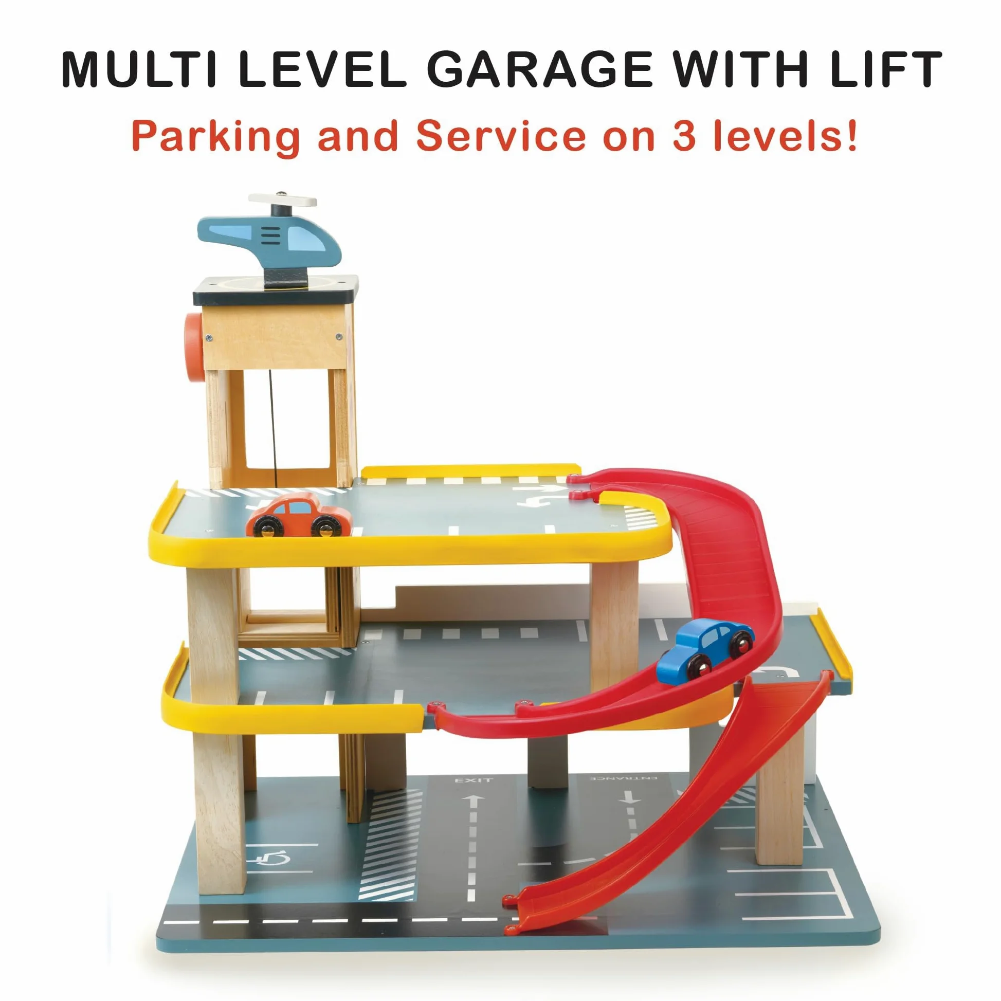 Mentari Garge multilivello con ascensore - Parcheggio in legno con 3 livelli 2 rampe fornito con 2 auto e un elicottero - Immaginazione e narrazione - Età 3+