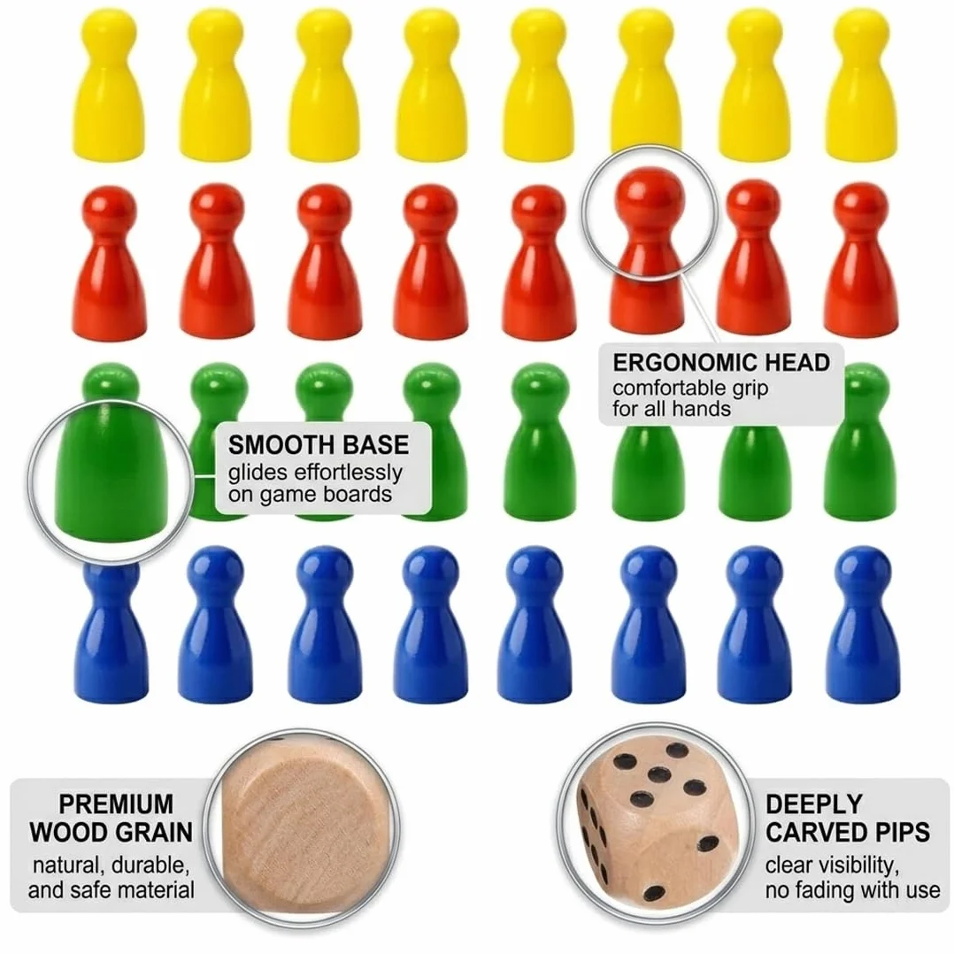 Pedine Gioco da Tavolo in Legno Colorate, 32pz Extra Grandi + 2 Dadi | Ricambio Universale per Ludo, Dama, Bambini e Anziani