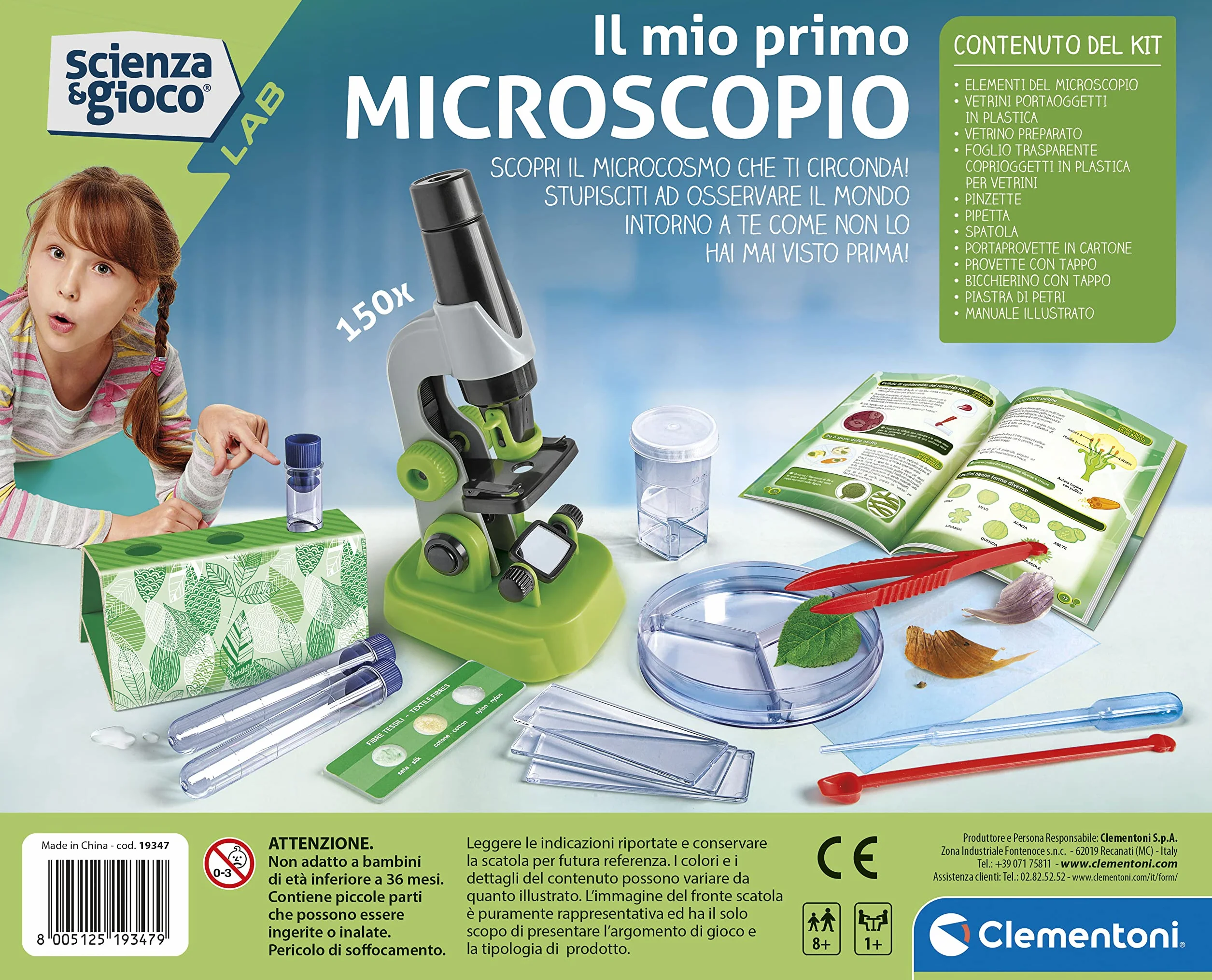 Clementoni - 19347 - Scienza E Gioco Lab - Il Mio Primo Microscopio - Laboratorio Microscopio Ottico 150X, Esperimenti Scientifici per Bambini dagli 8 Anni (Gioco in Italiano), Made in Italy