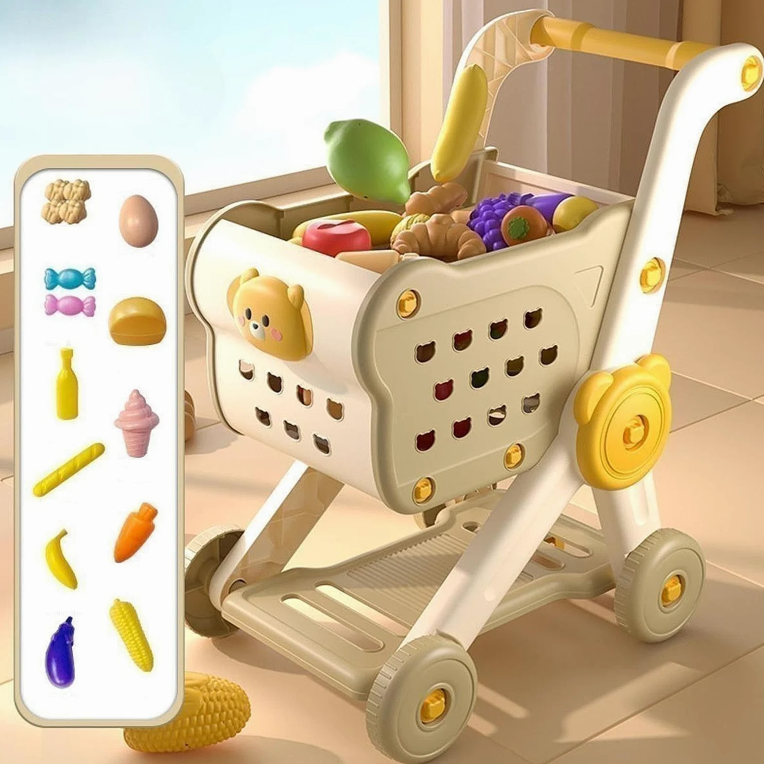 Carrello Supermercato Bambini Set Giocattolo Carrello Spesa Accessori Cucina Portaoggetti Ampio Facile da Usare Adatto per Gioco Simulato Regalo, Beige